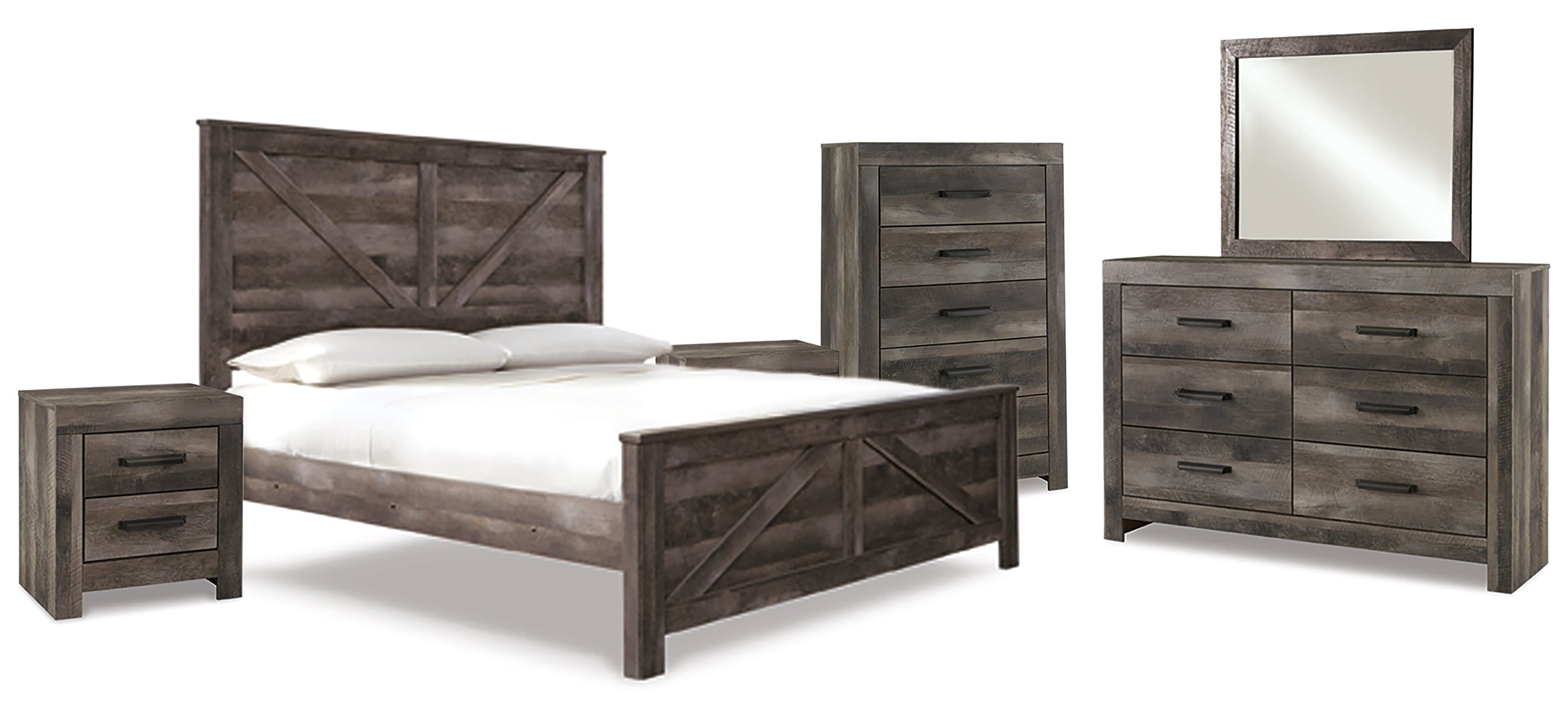 Wynnlow King Crossbuck Panel Bed with Mirrored Dresser, Chest and 2 Nightstands