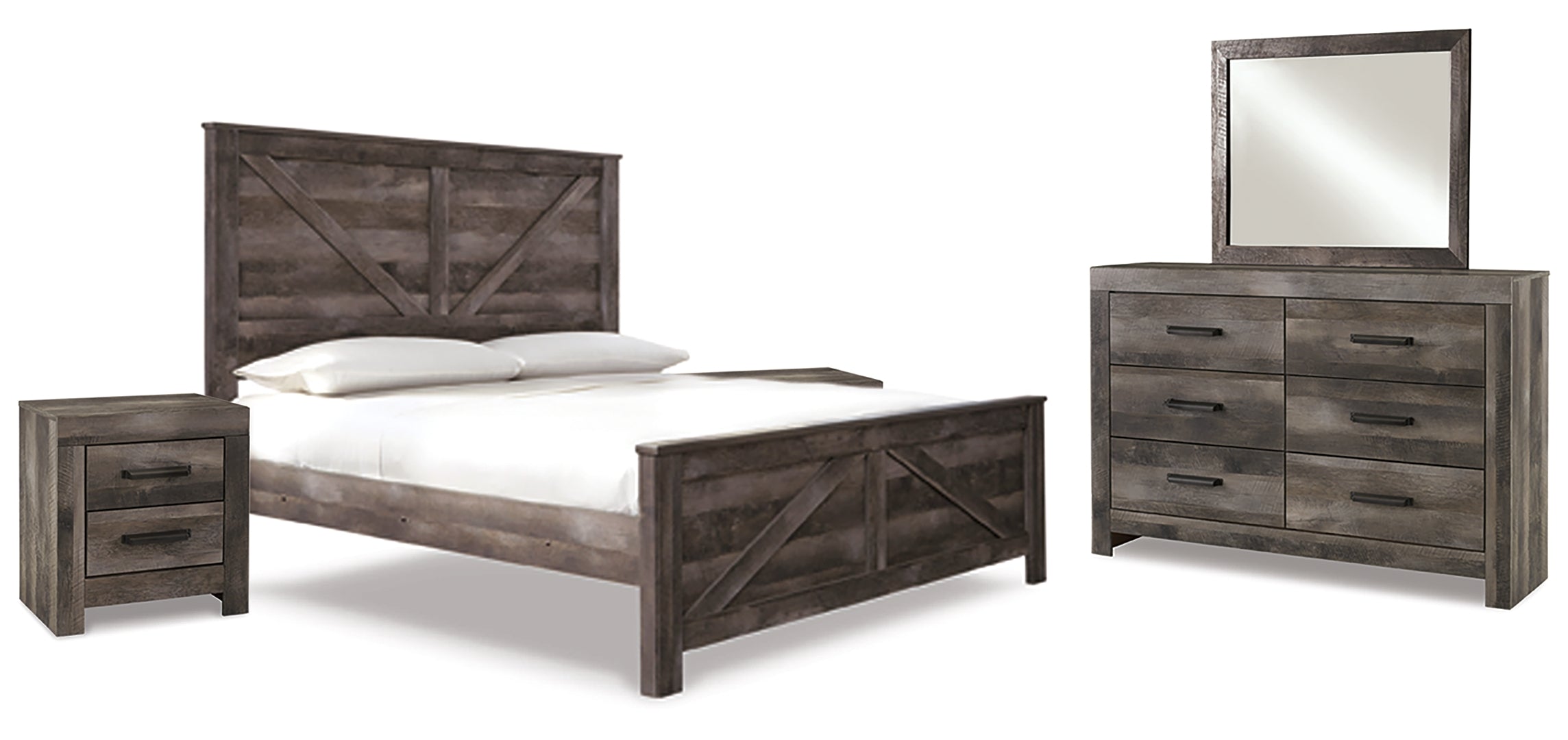 Wynnlow King Crossbuck Panel Bed with Mirrored Dresser and 2 Nightstands