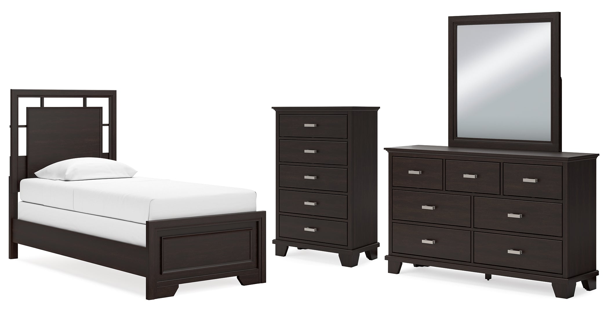 Covetown Twin Panel Bed with Mirrored Dresser and Chest