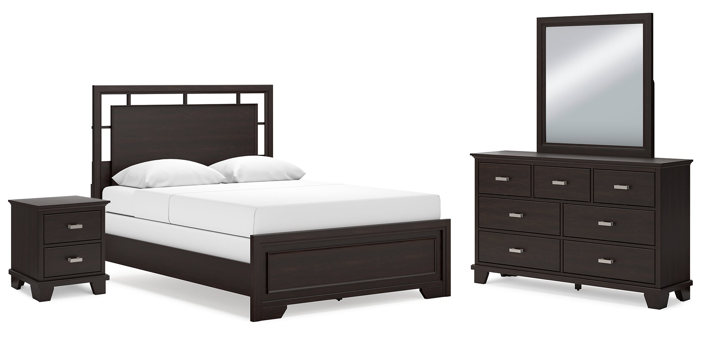 Covetown Queen Panel Bed with Mirrored Dresser and Nightstand