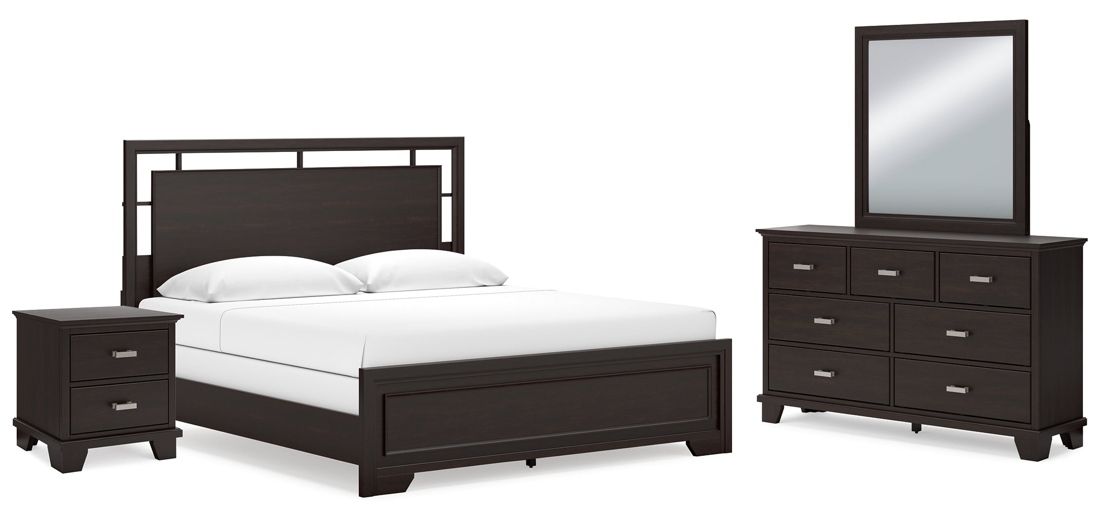 Covetown California King Panel Bed with Mirrored Dresser and Nightstand