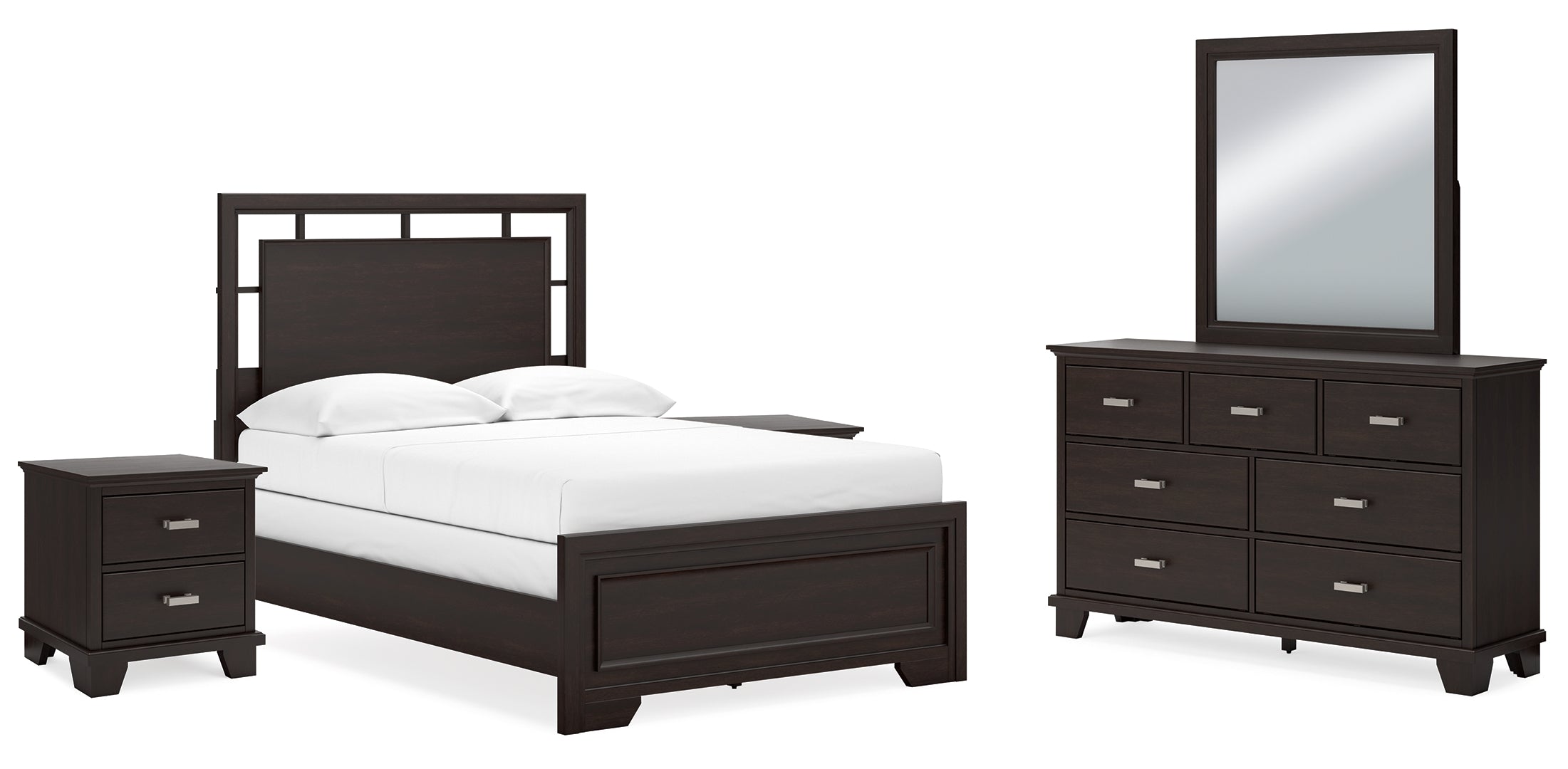 Covetown Full Panel Bed with Mirrored Dresser and 2 Nightstands