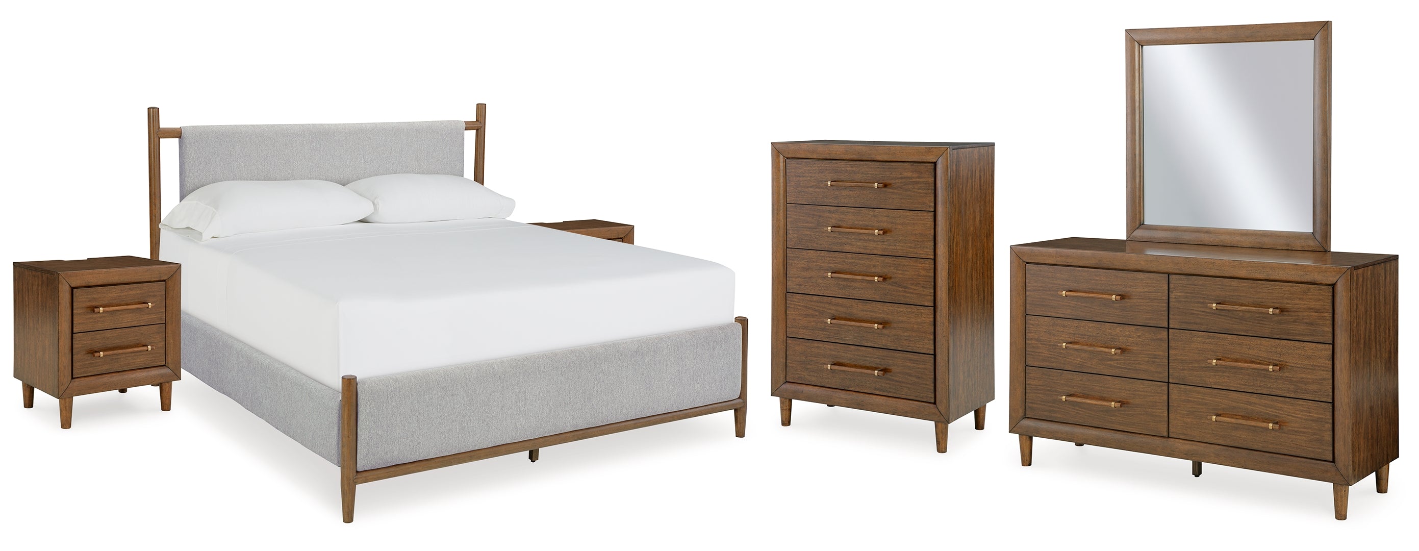 Lyncott Queen Upholstered Bed with Mirrored Dresser, Chest and 2 Nightstands