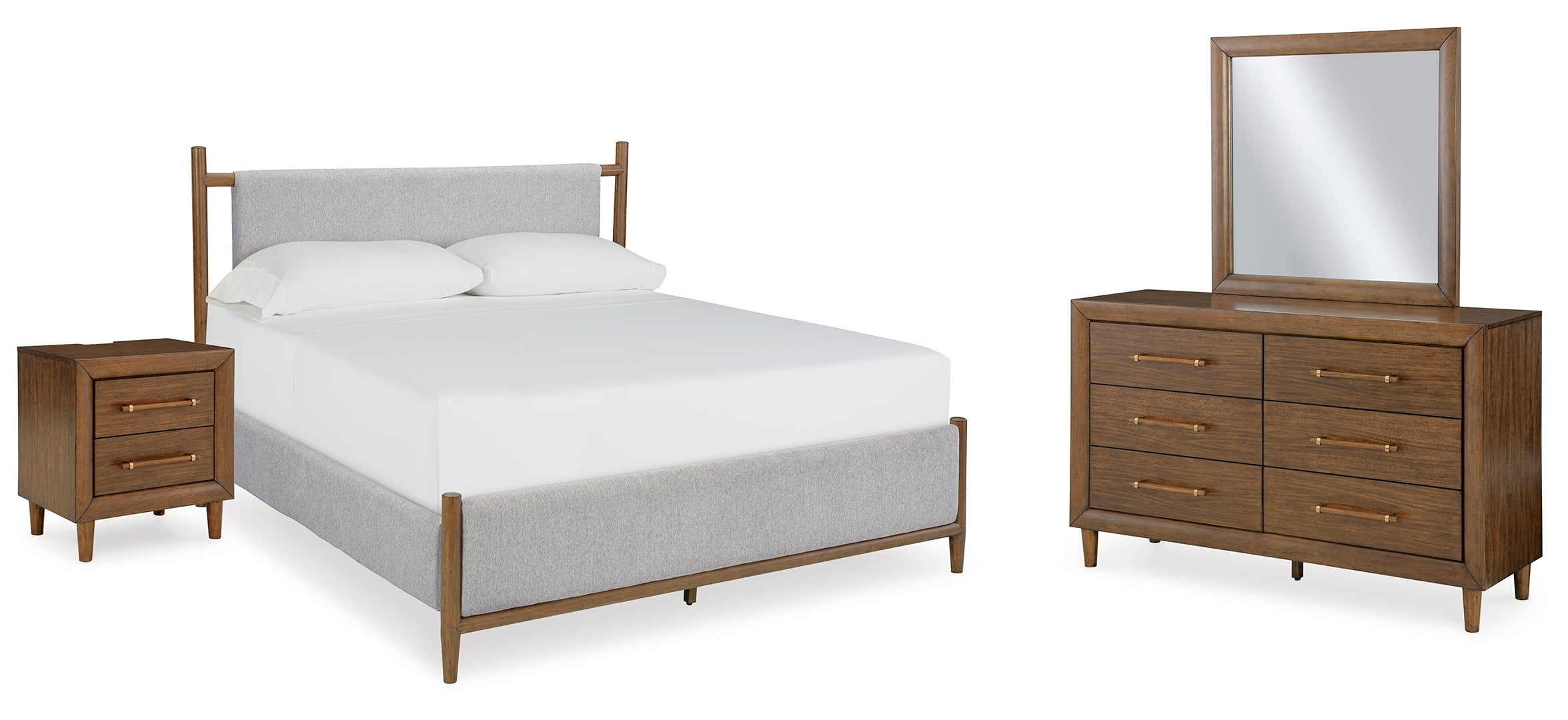 Lyncott California King Upholstered Bed with Mirrored Dresser and Nightstand