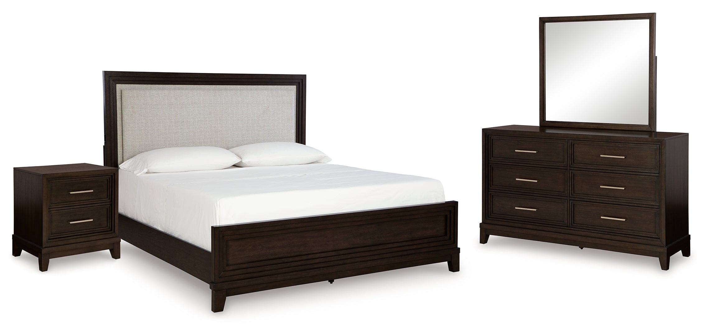 Neymorton Queen Upholstered Panel Bed with Mirrored Dresser and Nightstand