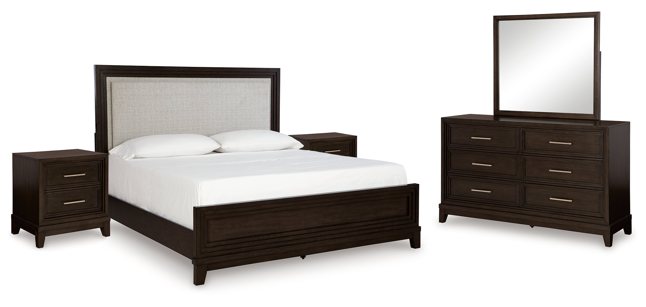 Neymorton Queen Upholstered Panel Bed with Mirrored Dresser and 2 Nightstands