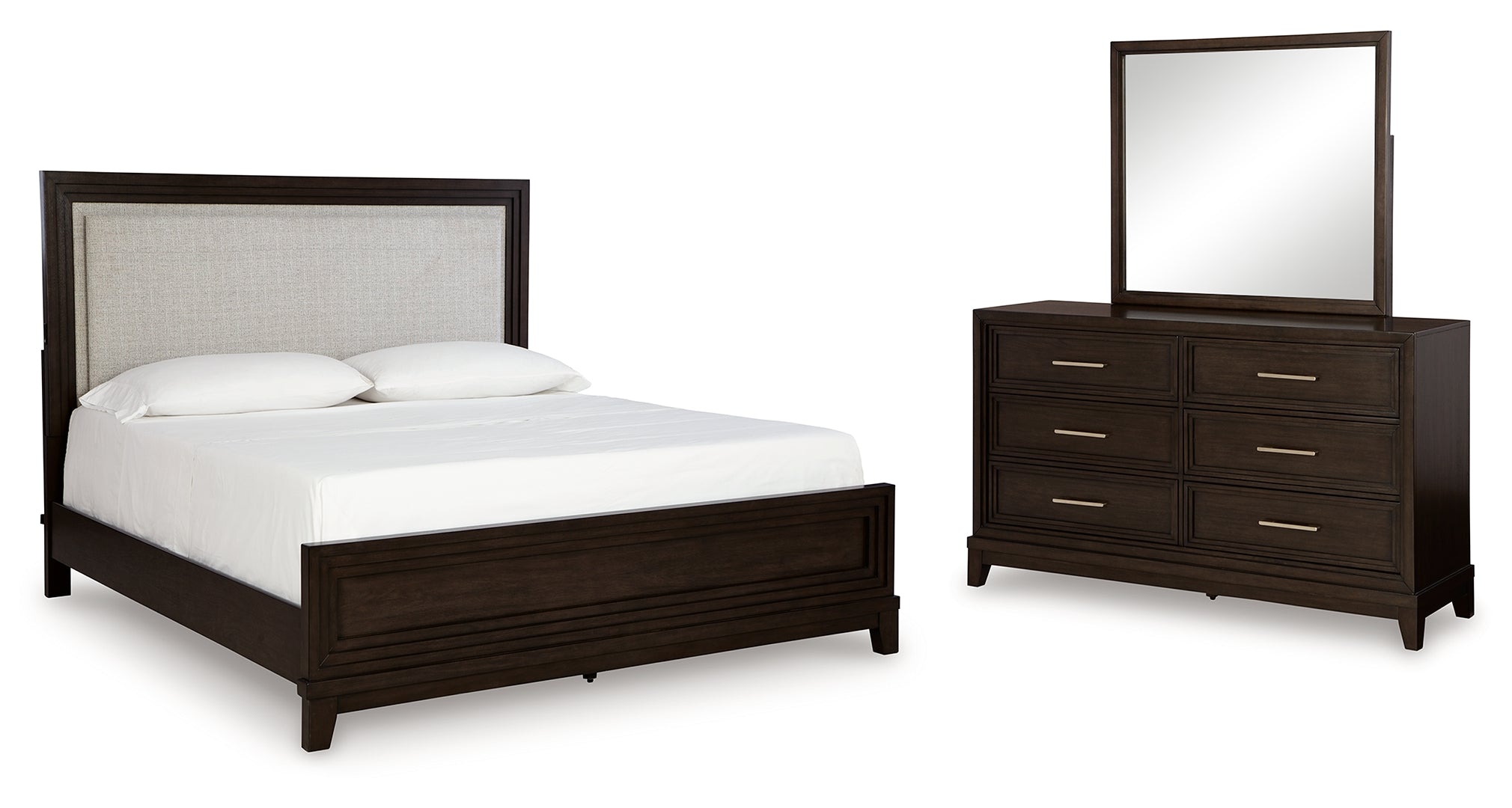 Neymorton Queen Upholstered Panel Bed with Mirrored Dresser