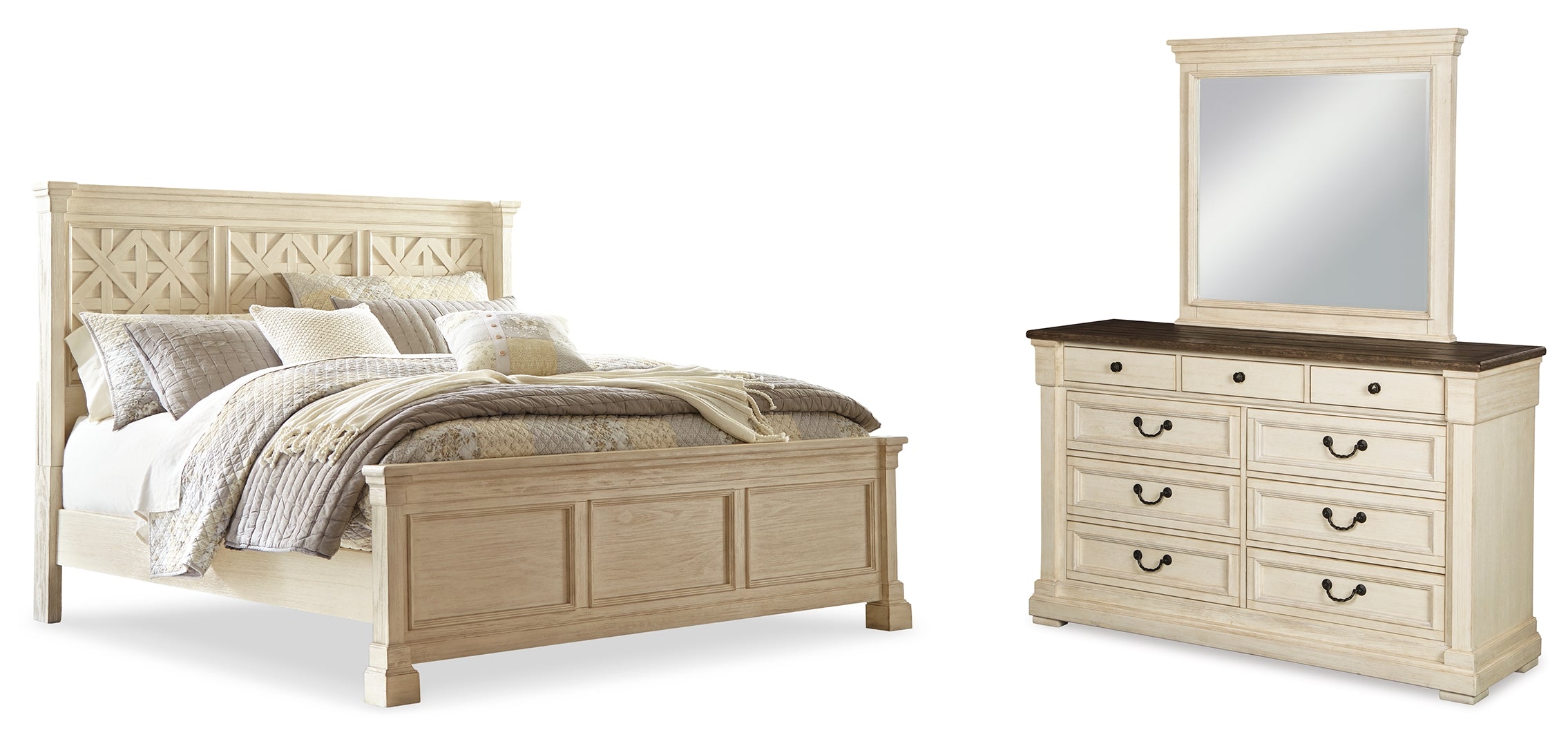 Bolanburg King Panel Bed with Mirrored Dresser