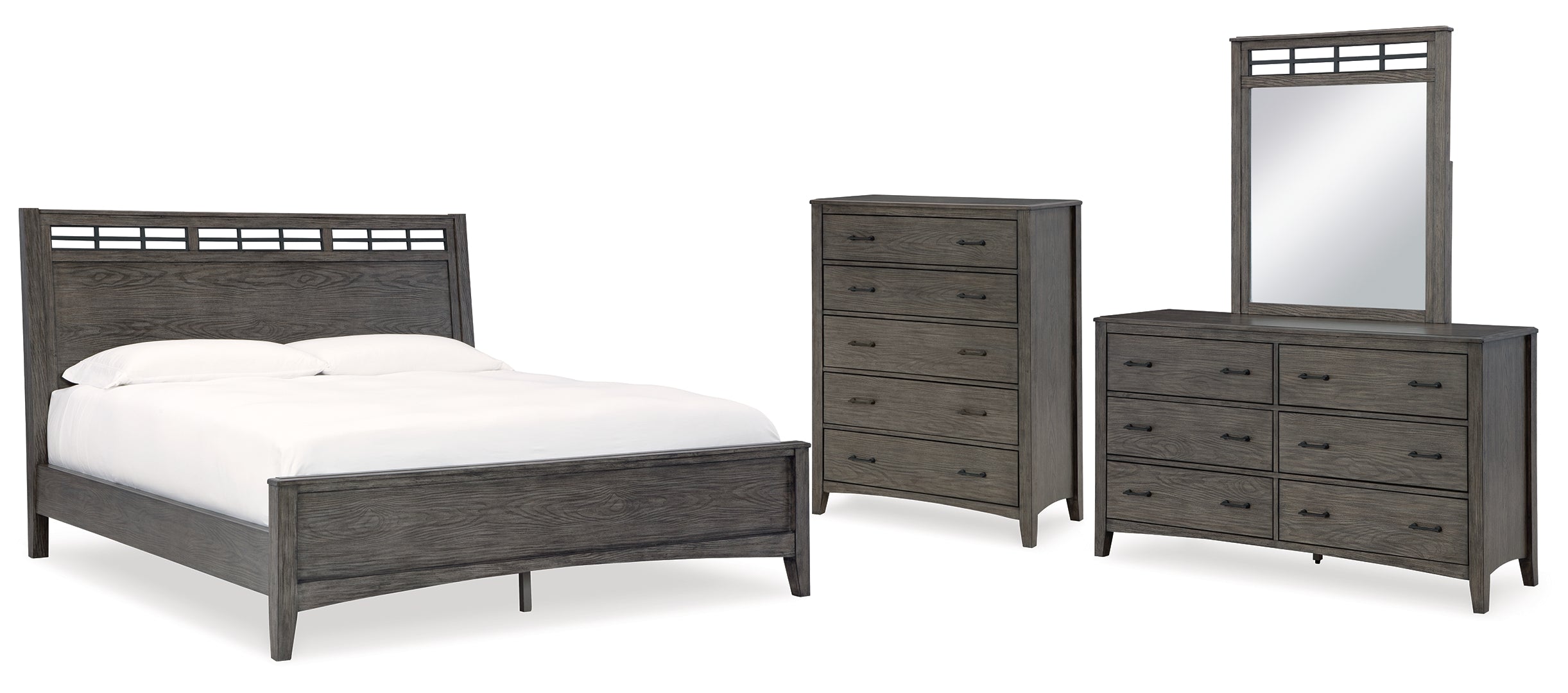 Montillan Queen Panel Bed with Mirrored Dresser and Chest