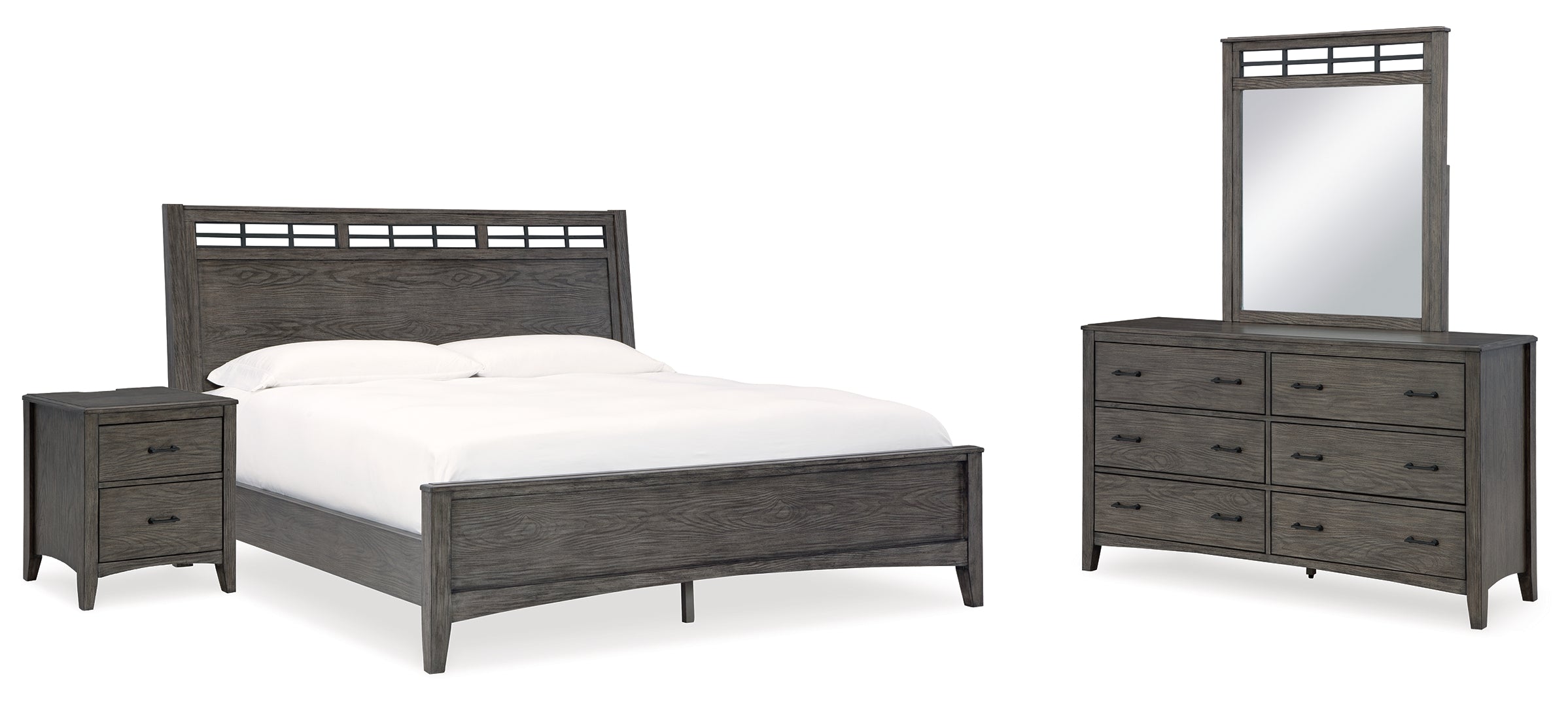 Montillan Queen Panel Bed with Mirrored Dresser and Nightstand