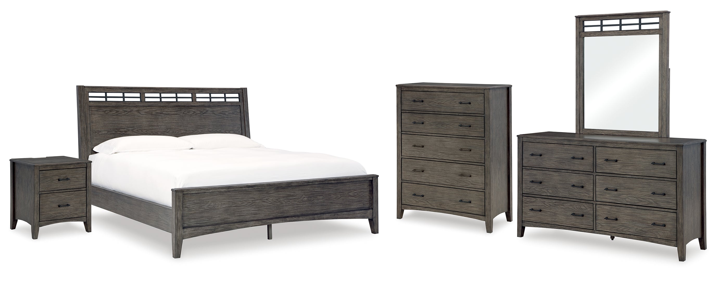 Montillan California King Panel Bed with Mirrored Dresser, Chest and Nightstand