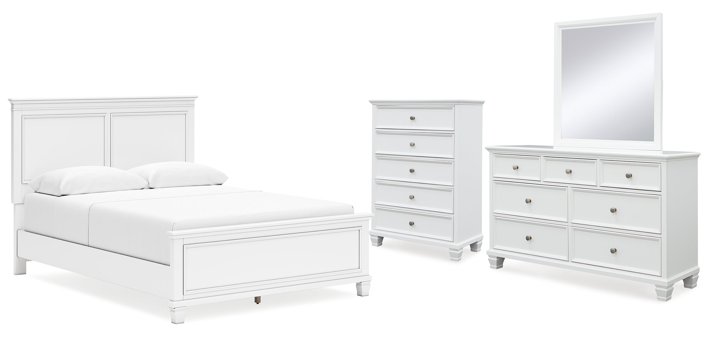 Fortman Queen Panel Bed with Mirrored Dresser and Chest