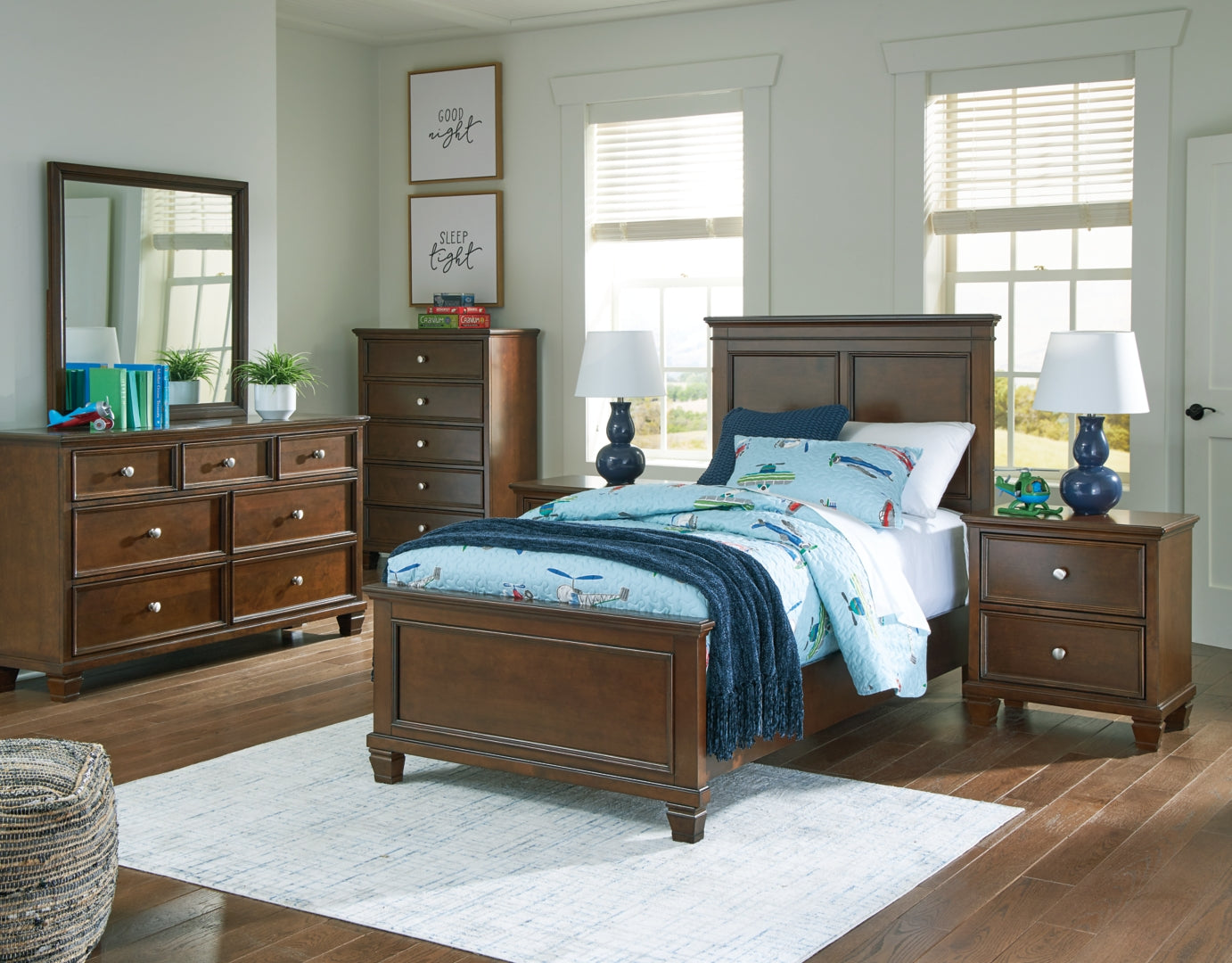 Danabrin Twin Panel Bed with Mirrored Dresser, Chest and 2 Nightstands