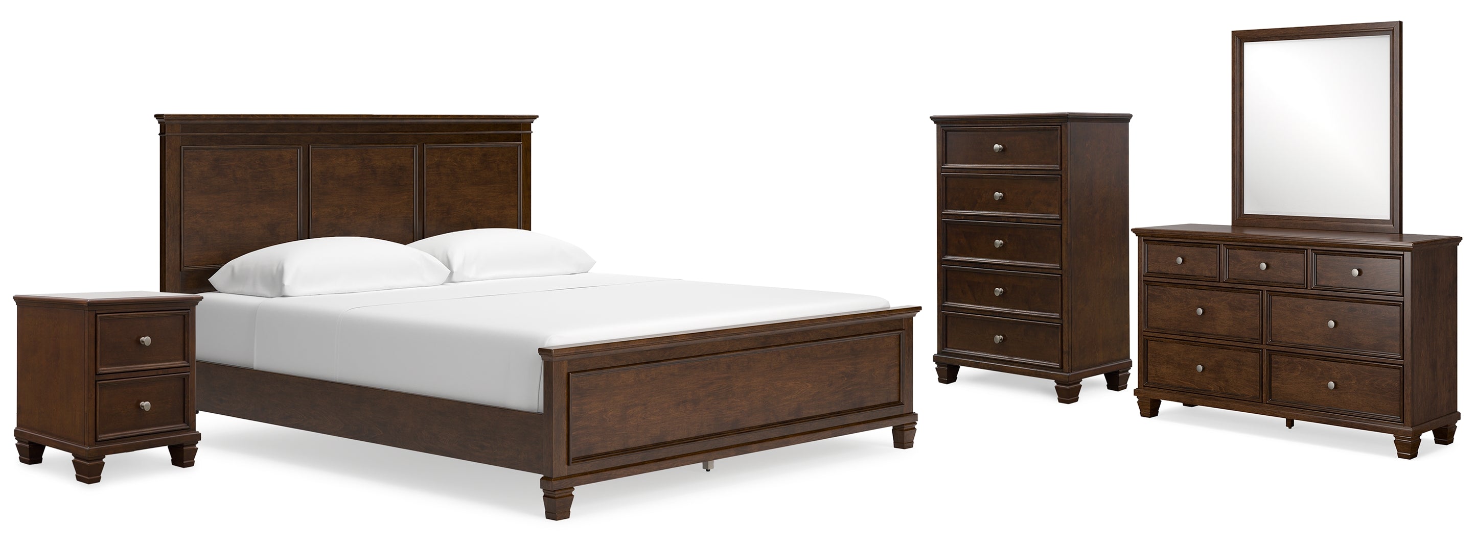 Danabrin California King Panel Bed with Mirrored Dresser, Chest and Nightstand