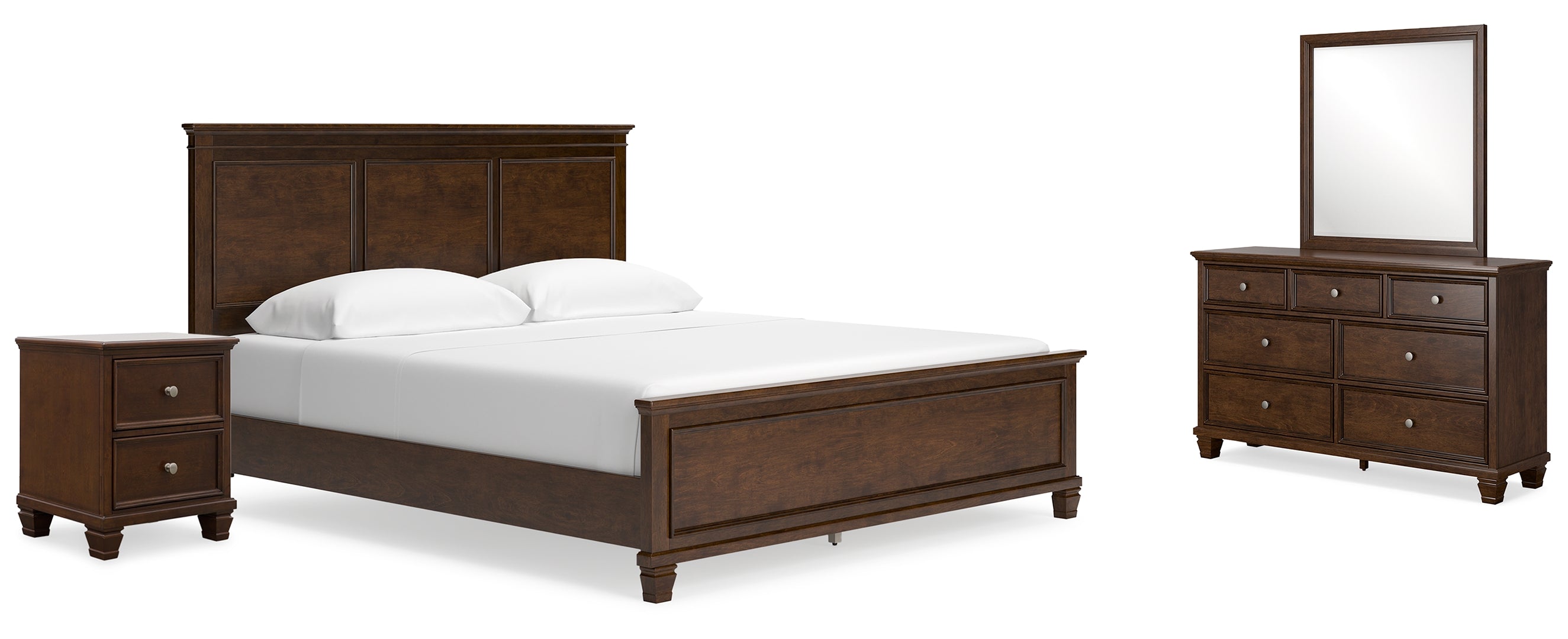 Danabrin California King Panel Bed with Mirrored Dresser and Nightstand