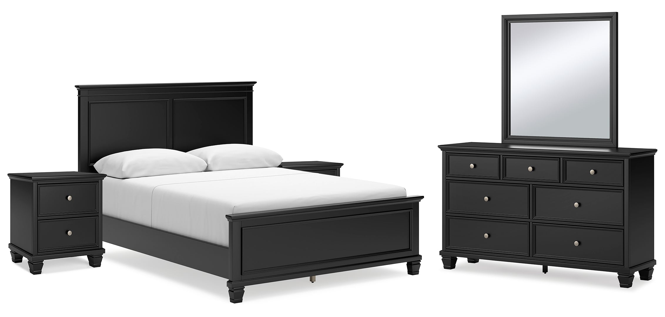 Lanolee Queen Panel Bed with Mirrored Dresser and 2 Nightstands