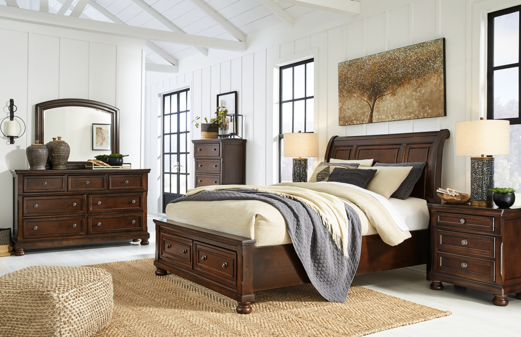 Porter Queen Sleigh Bed with Mirrored Dresser, Chest and 2 Nightstands