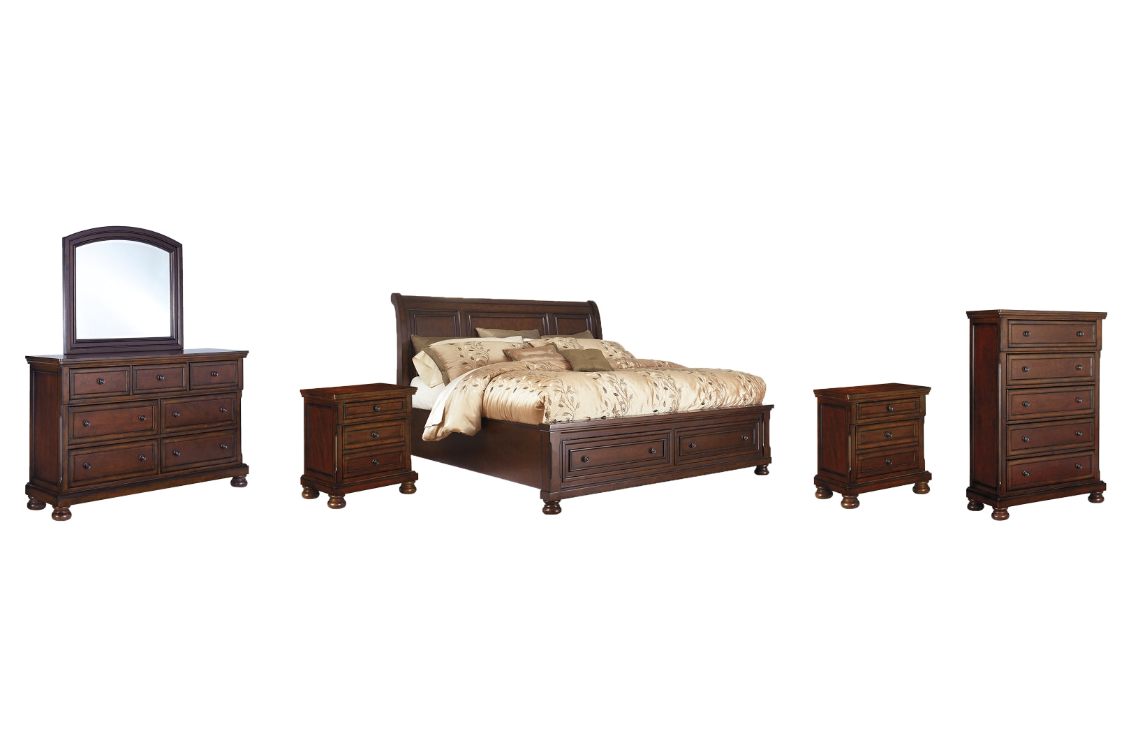 Porter California King Sleigh Bed with Mirrored Dresser, Chest and 2 Nightstands