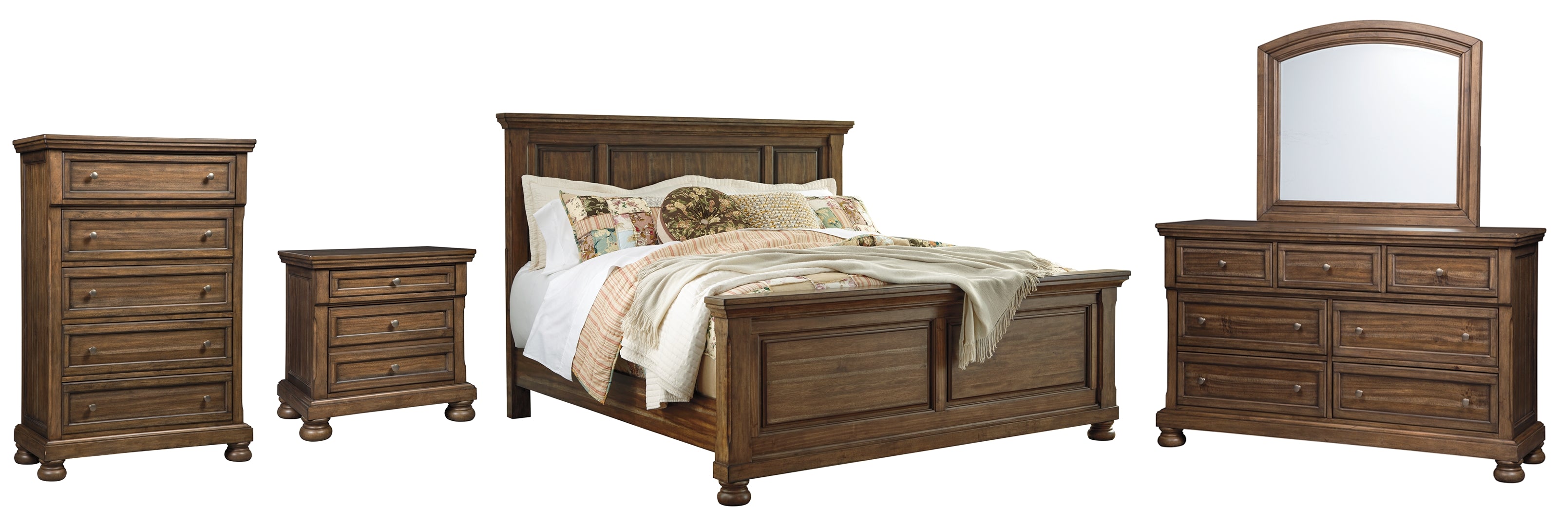 Flynnter Queen Panel Bed with Mirrored Dresser, Chest and Nightstand