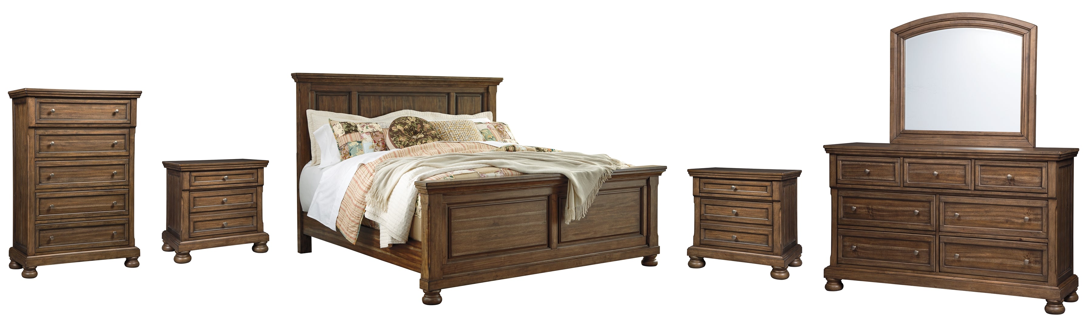 Flynnter Queen Panel Bed with Mirrored Dresser, Chest and 2 Nightstands