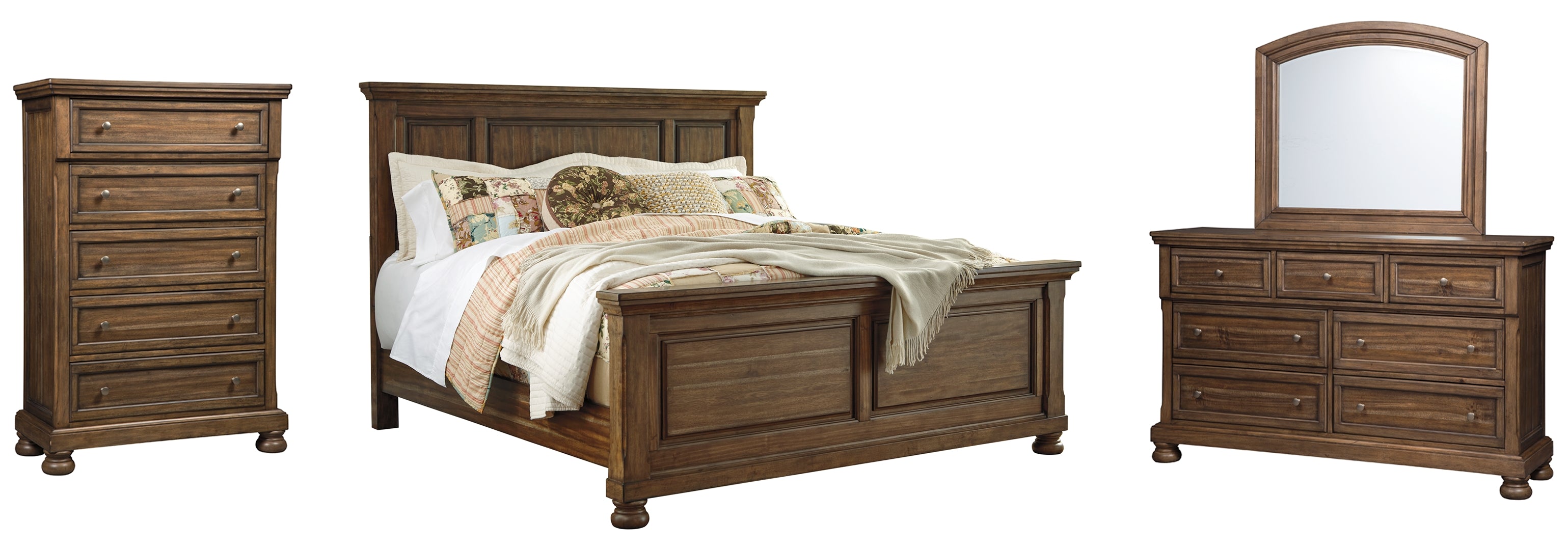 Flynnter Queen Panel Bed with Mirrored Dresser and Chest