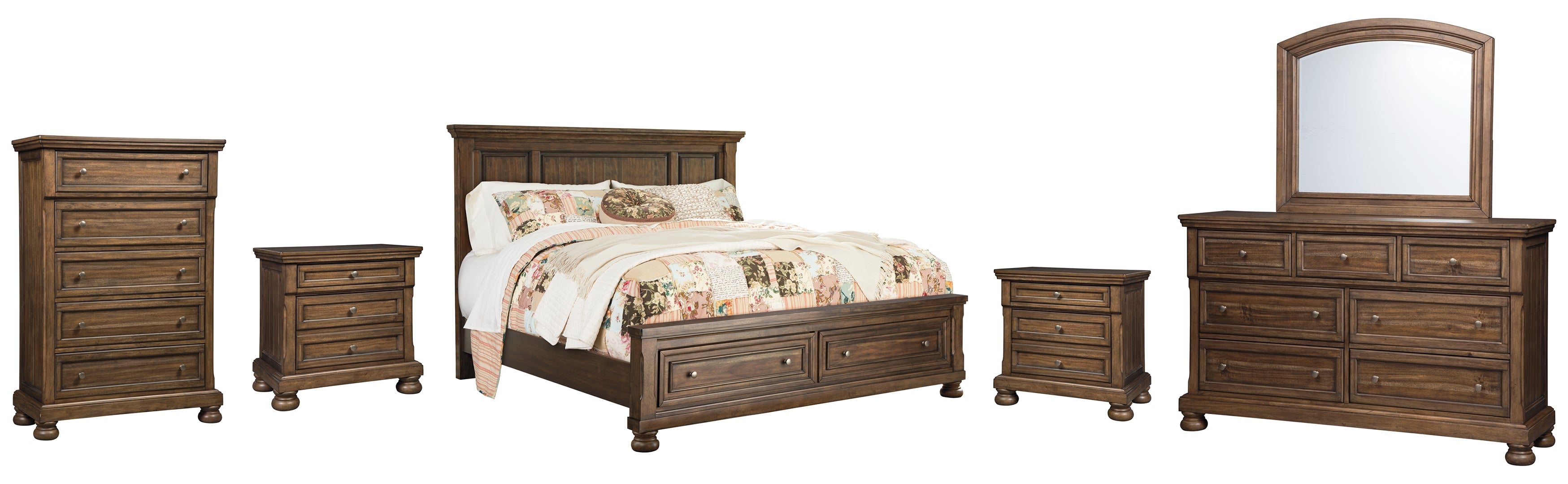 Flynnter Queen Panel Bed with 2 Storage Drawers with Mirrored Dresser, Chest and 2 Nightstands