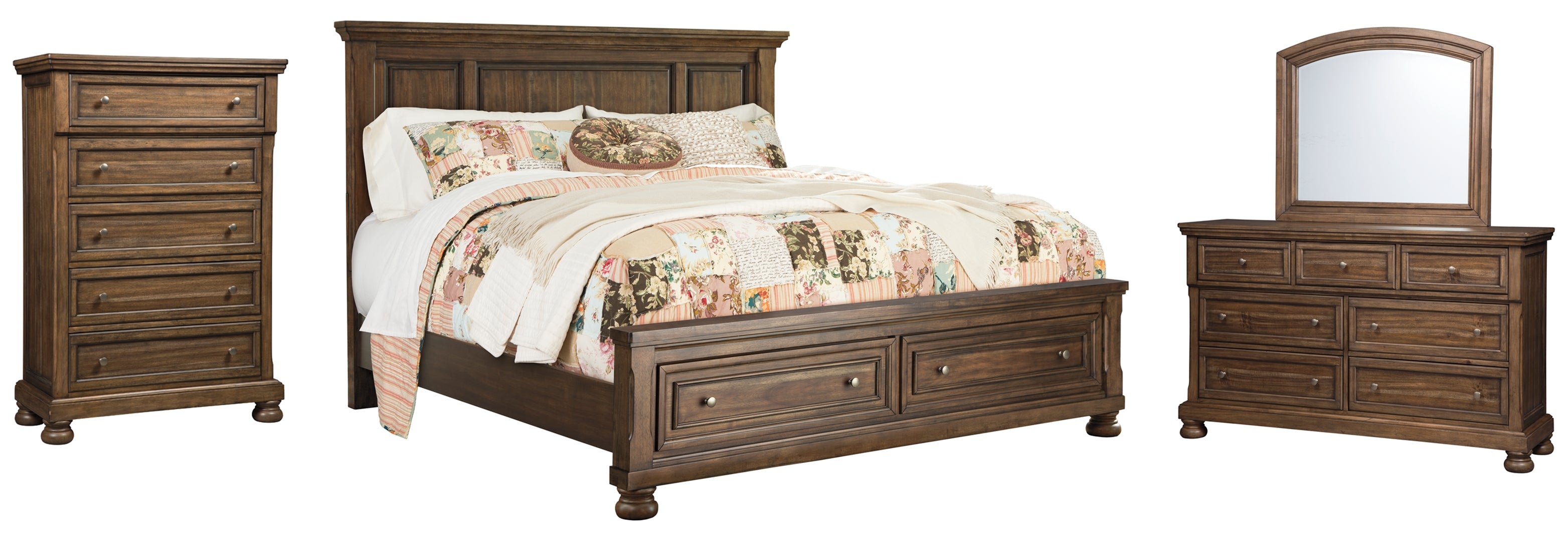 Flynnter Queen Panel Bed with 2 Storage Drawers with Mirrored Dresser and Chest