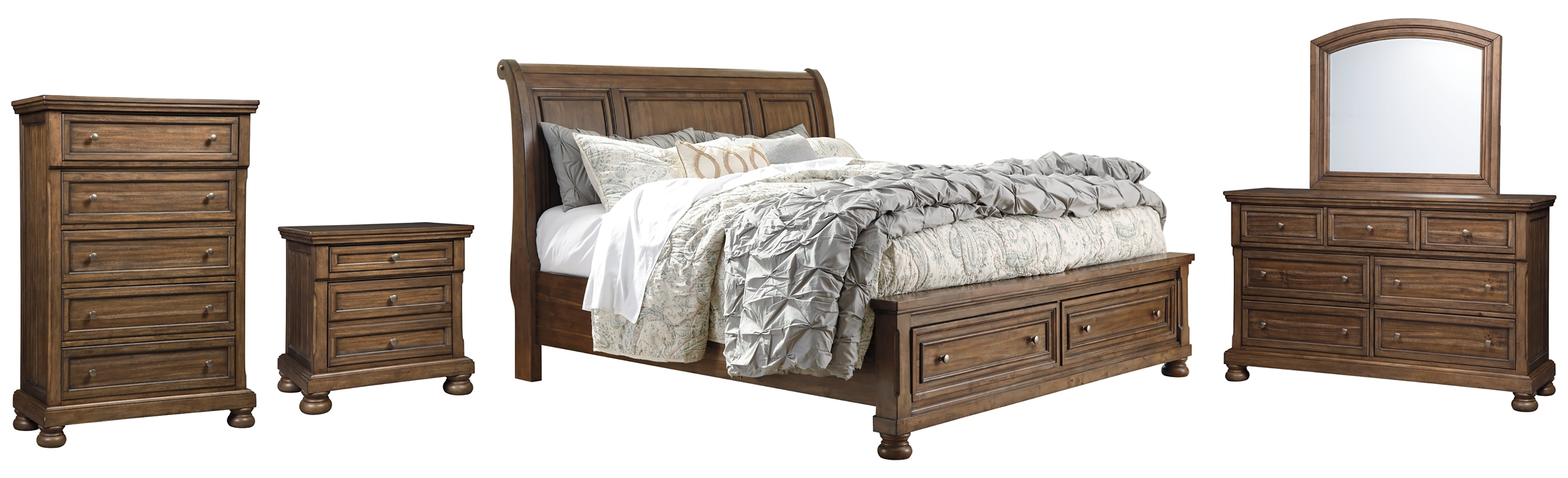 Flynnter Queen Sleigh Bed with 2 Storage Drawers with Mirrored Dresser, Chest and Nightstand