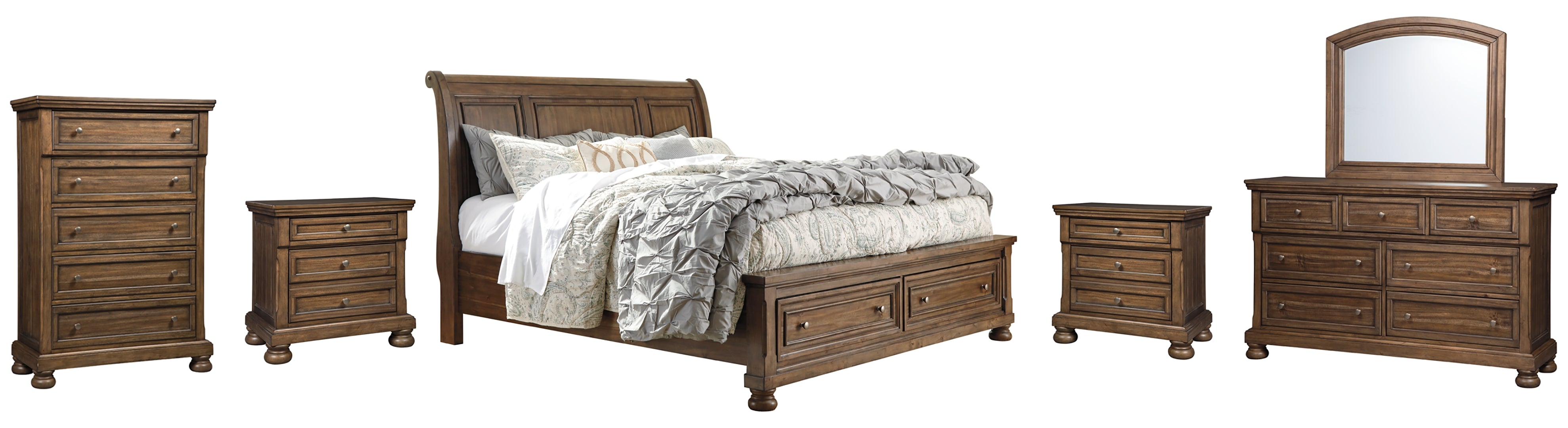 Flynnter Queen Sleigh Bed with 2 Storage Drawers with Mirrored Dresser, Chest and 2 Nightstands