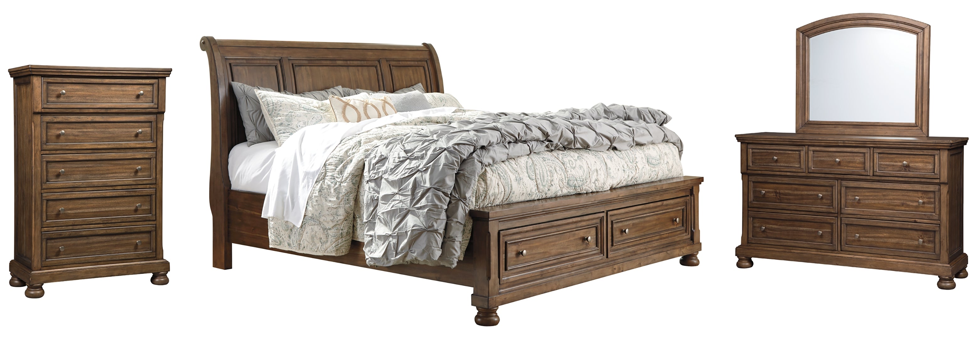 Flynnter Queen Sleigh Bed with 2 Storage Drawers with Mirrored Dresser and Chest