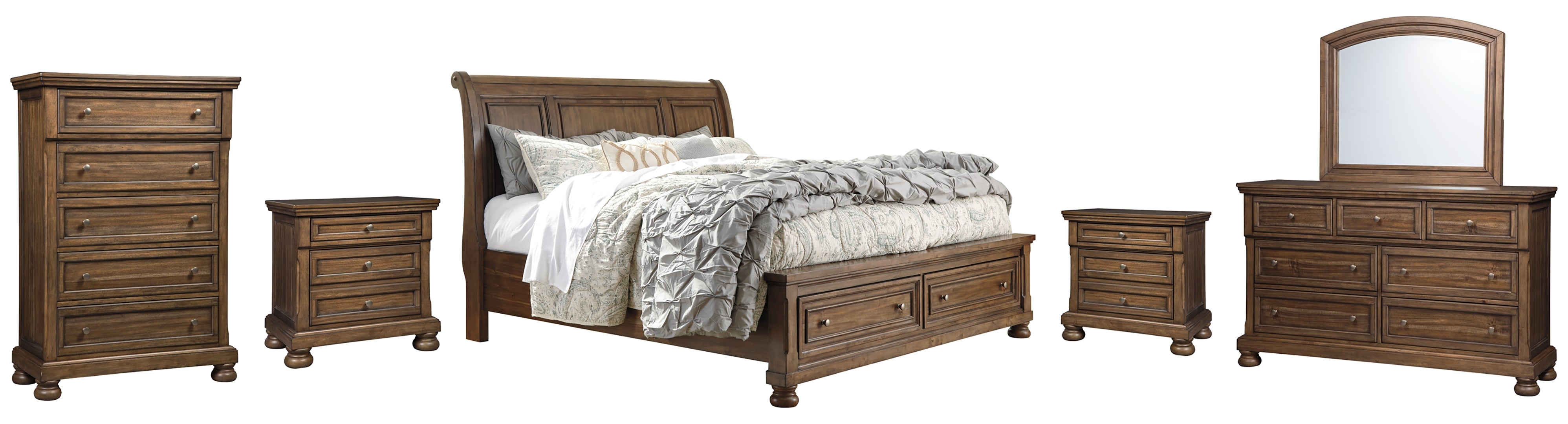 Flynnter California King Sleigh Bed with 2 Storage Drawers with Mirrored Dresser, Chest and 2 Nightstands