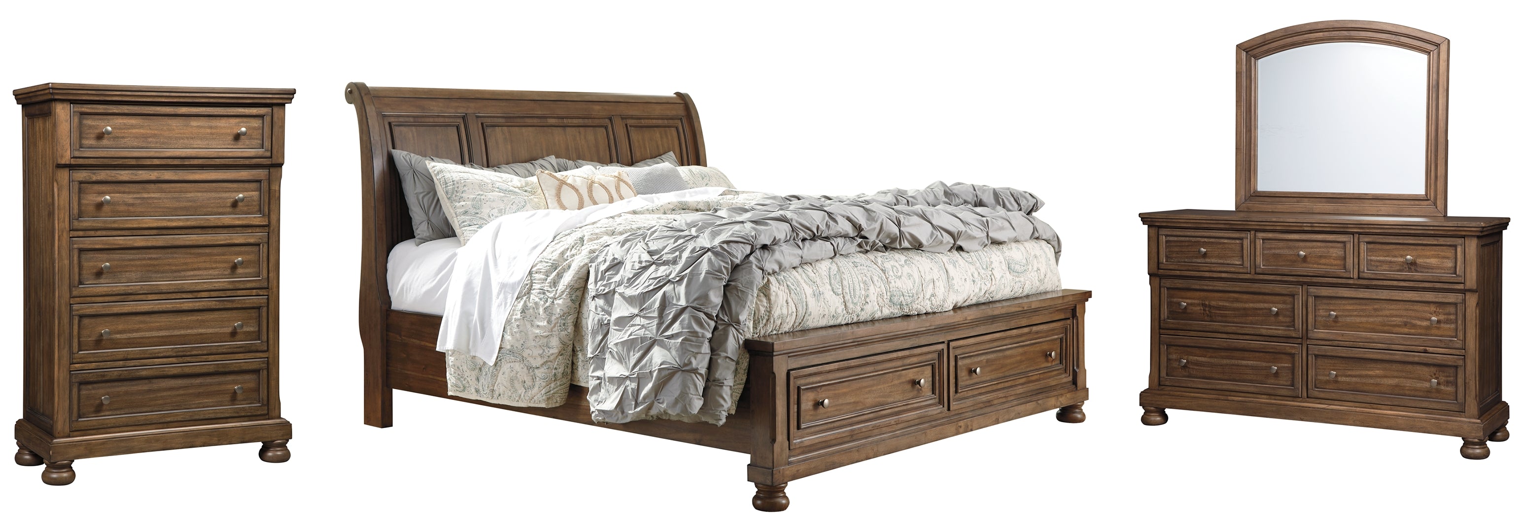 Flynnter California King Sleigh Bed with 2 Storage Drawers with Mirrored Dresser and Chest