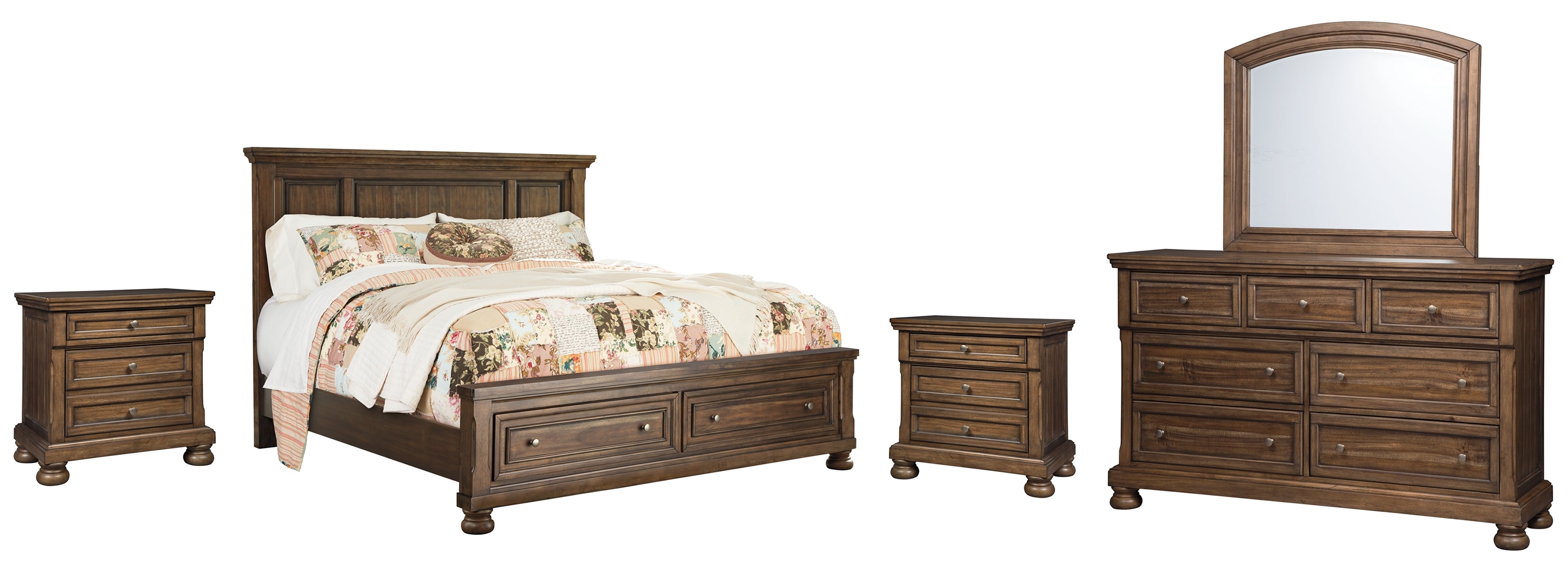 Flynnter Queen Panel Bed with 2 Storage Drawers with Mirrored Dresser and 2 Nightstands