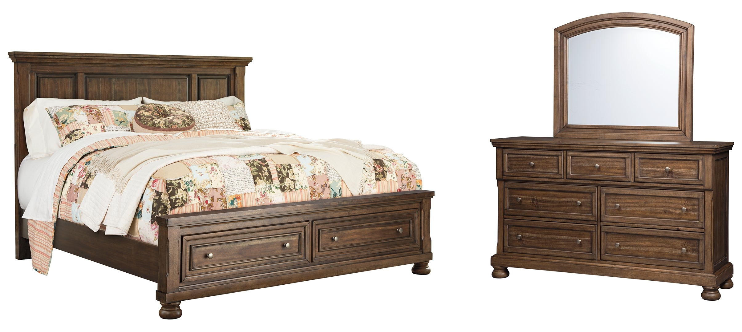 Flynnter Queen Panel Bed with 2 Storage Drawers with Mirrored Dresser