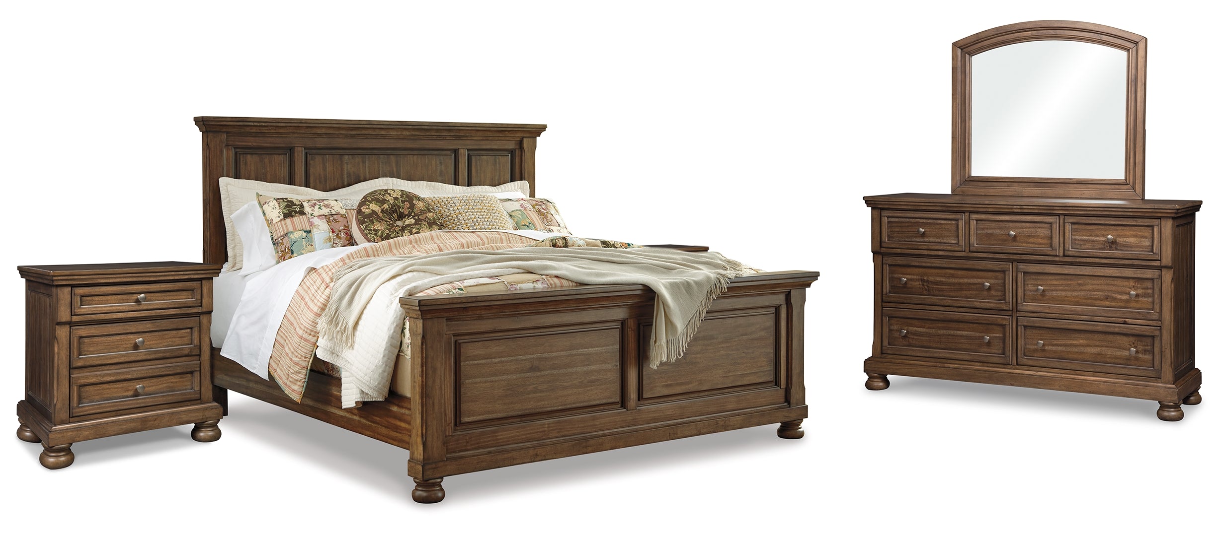 Flynnter King Panel Bed with Mirrored Dresser and 2 Nightstands