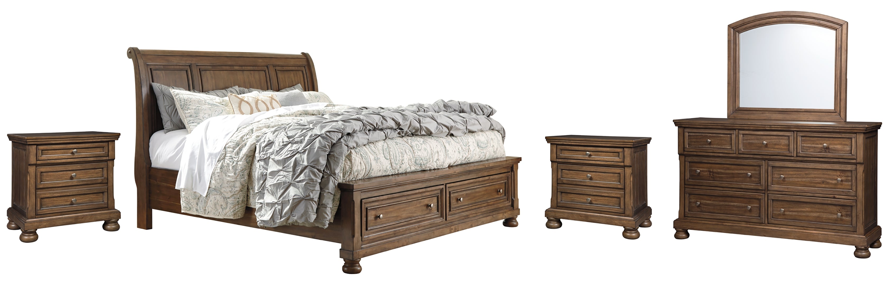 Flynnter Queen Sleigh Bed with 2 Storage Drawers with Mirrored Dresser and 2 Nightstands