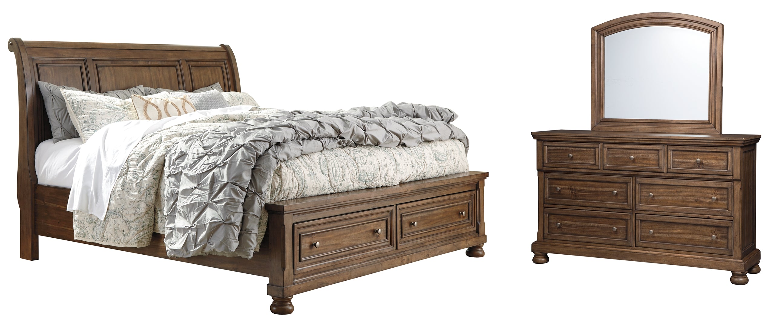 Flynnter Queen Sleigh Bed with 2 Storage Drawers with Mirrored Dresser