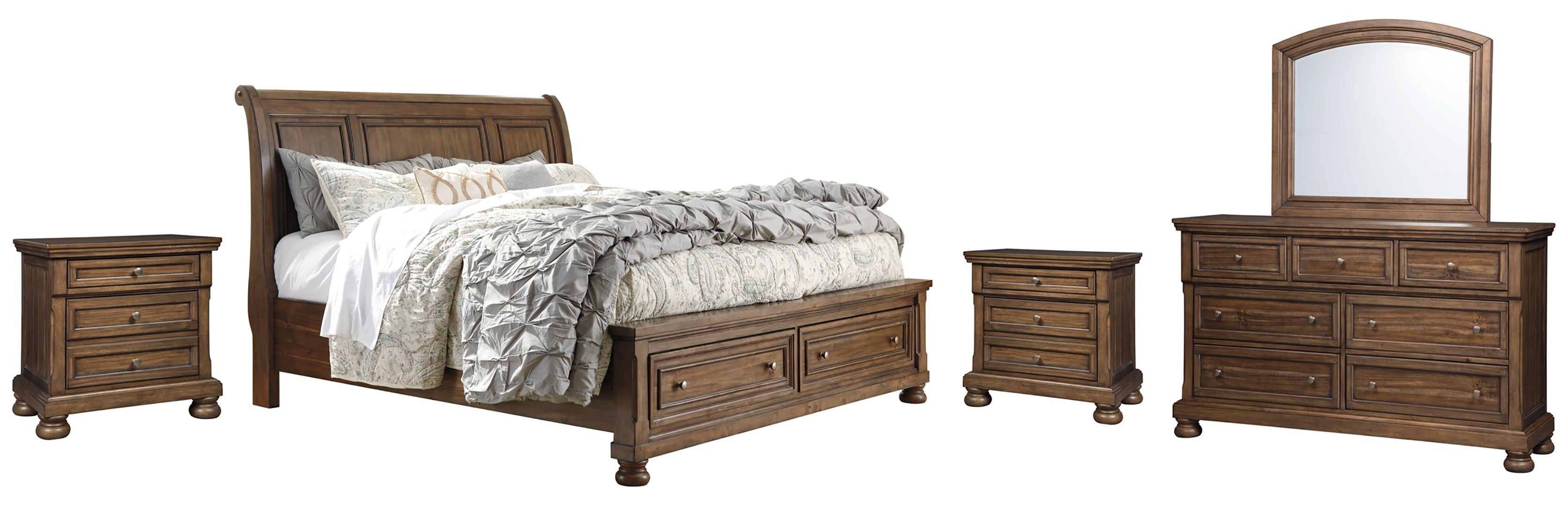 Flynnter California King Sleigh Bed with 2 Storage Drawers with Mirrored Dresser and 2 Nightstands