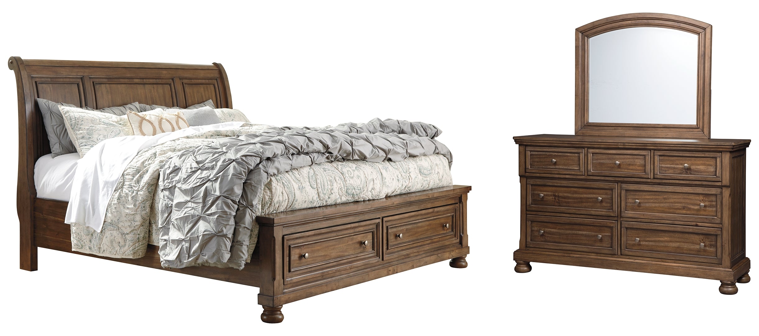 Flynnter California King Sleigh Bed with 2 Storage Drawers with Mirrored Dresser