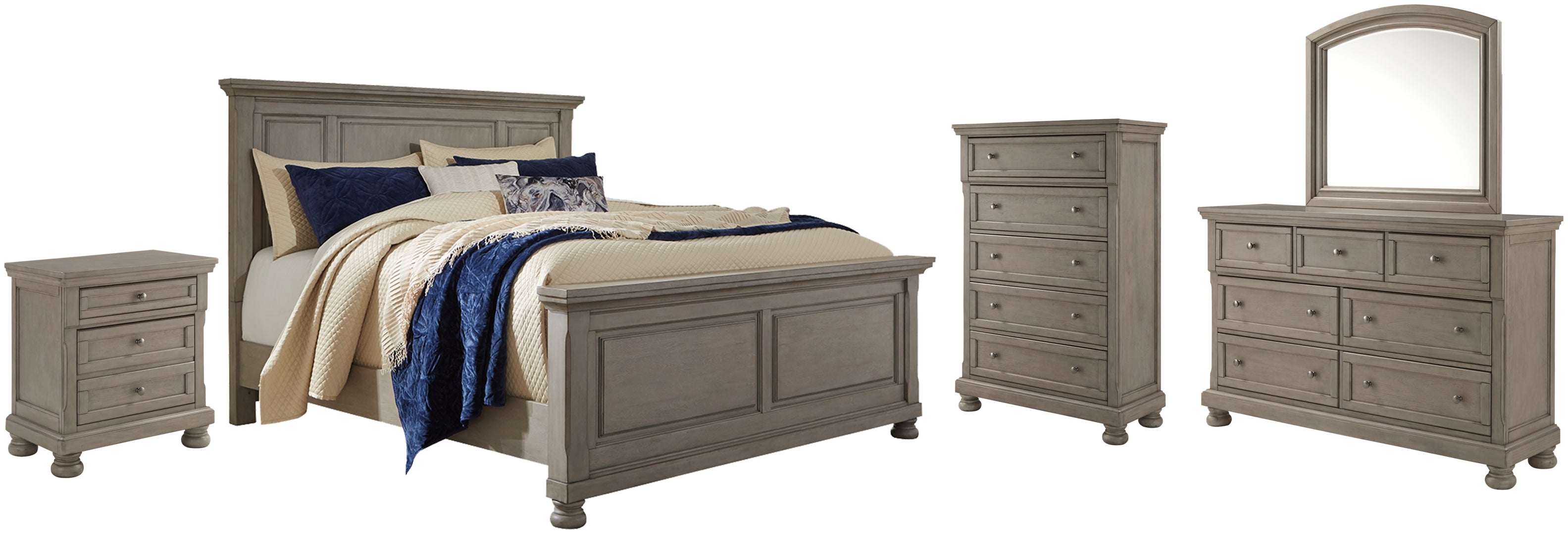 Lettner California King Panel Bed with Mirrored Dresser, Chest and Nightstand