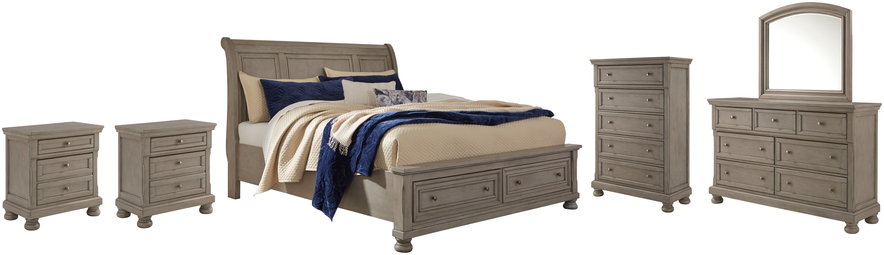 Lettner California King Sleigh Bed with Mirrored Dresser, Chest and 2 Nightstands