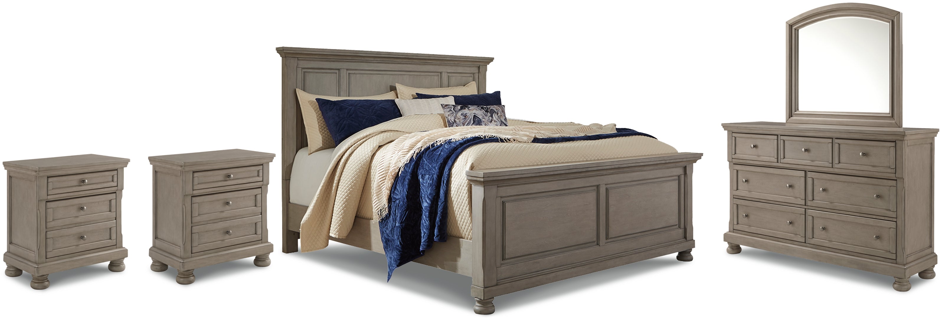 Lettner Queen Panel Bed with Mirrored Dresser and 2 Nightstands