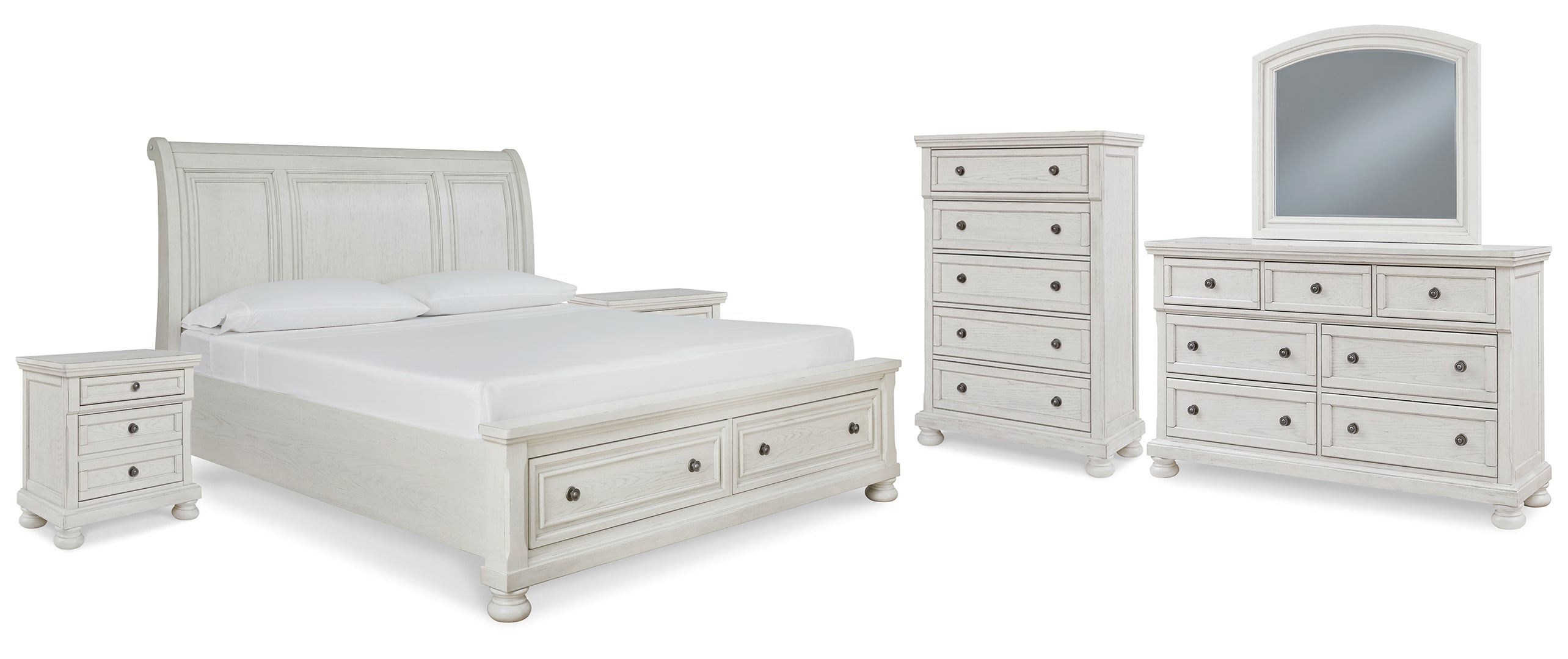 Robbinsdale Queen Sleigh Bed with Storage with Mirrored Dresser, Chest and 2 Nightstands