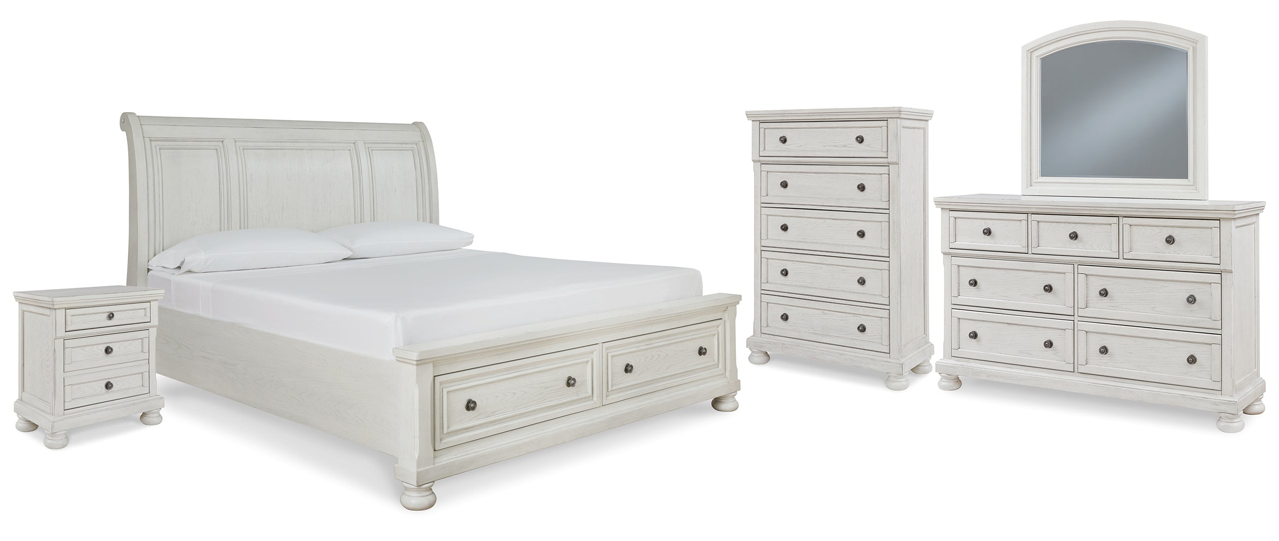 Robbinsdale California King Sleigh Bed with Storage with Mirrored Dresser, Chest and Nightstand