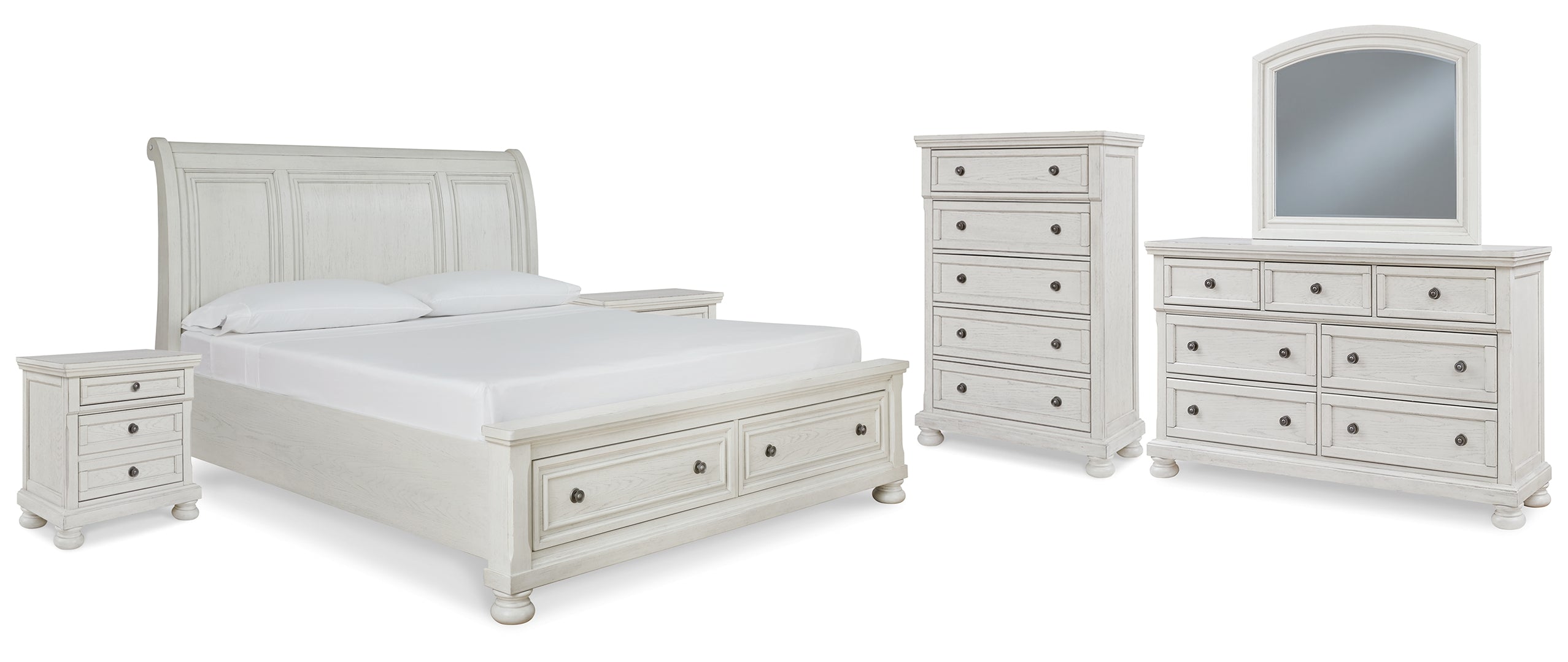 Robbinsdale California King Sleigh Bed with Storage with Mirrored Dresser, Chest and 2 Nightstands