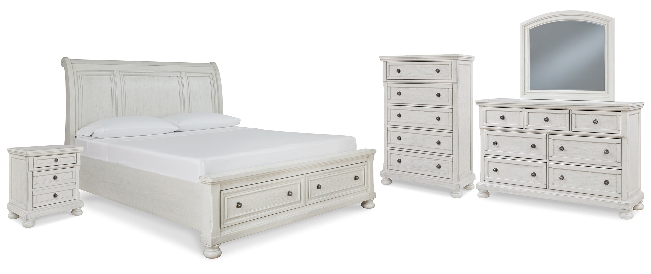 Robbinsdale King Sleigh Bed with Storage with Mirrored Dresser, Chest and Nightstand