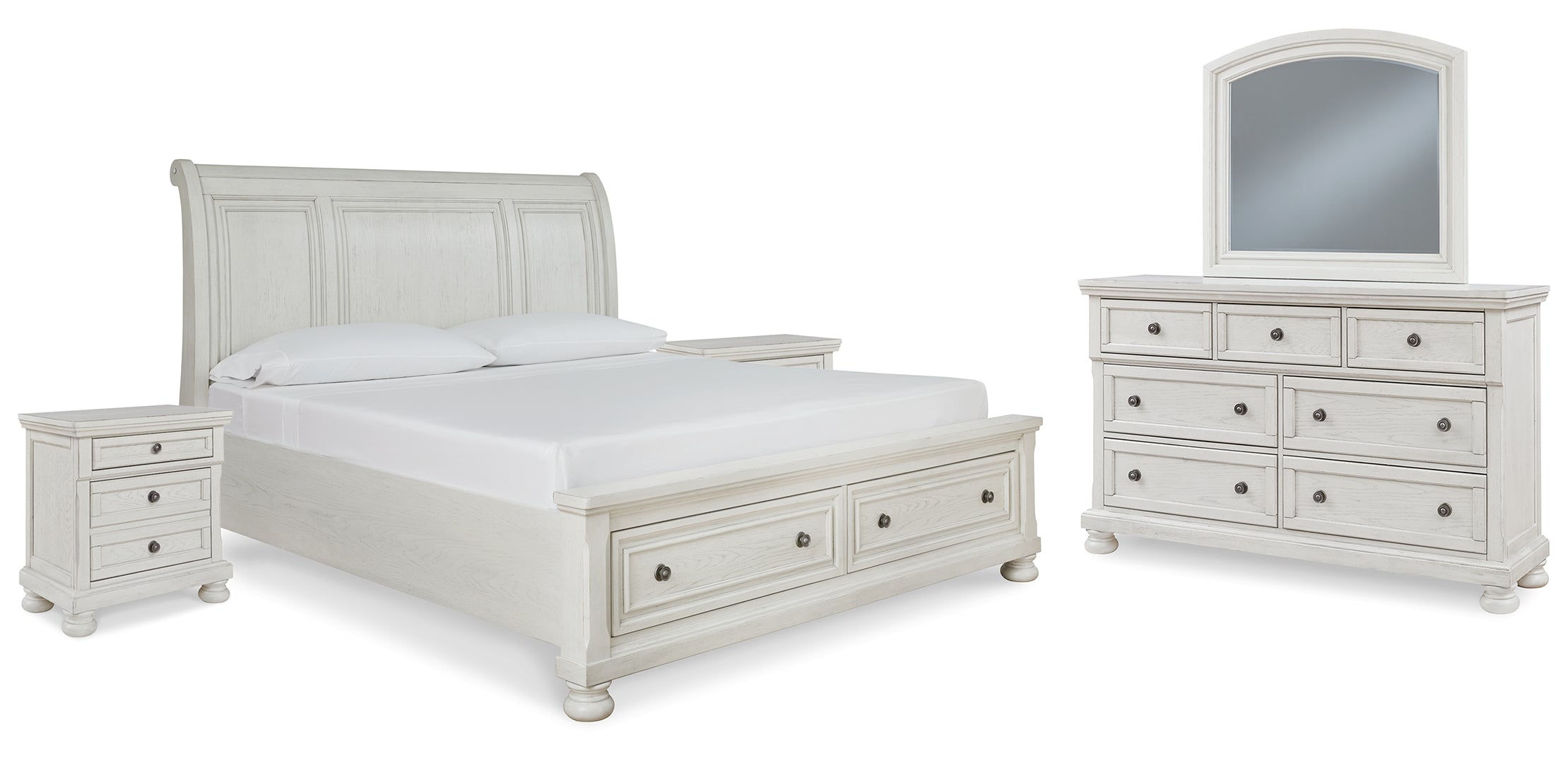 Robbinsdale Queen Sleigh Bed with Storage with Mirrored Dresser and 2 Nightstands