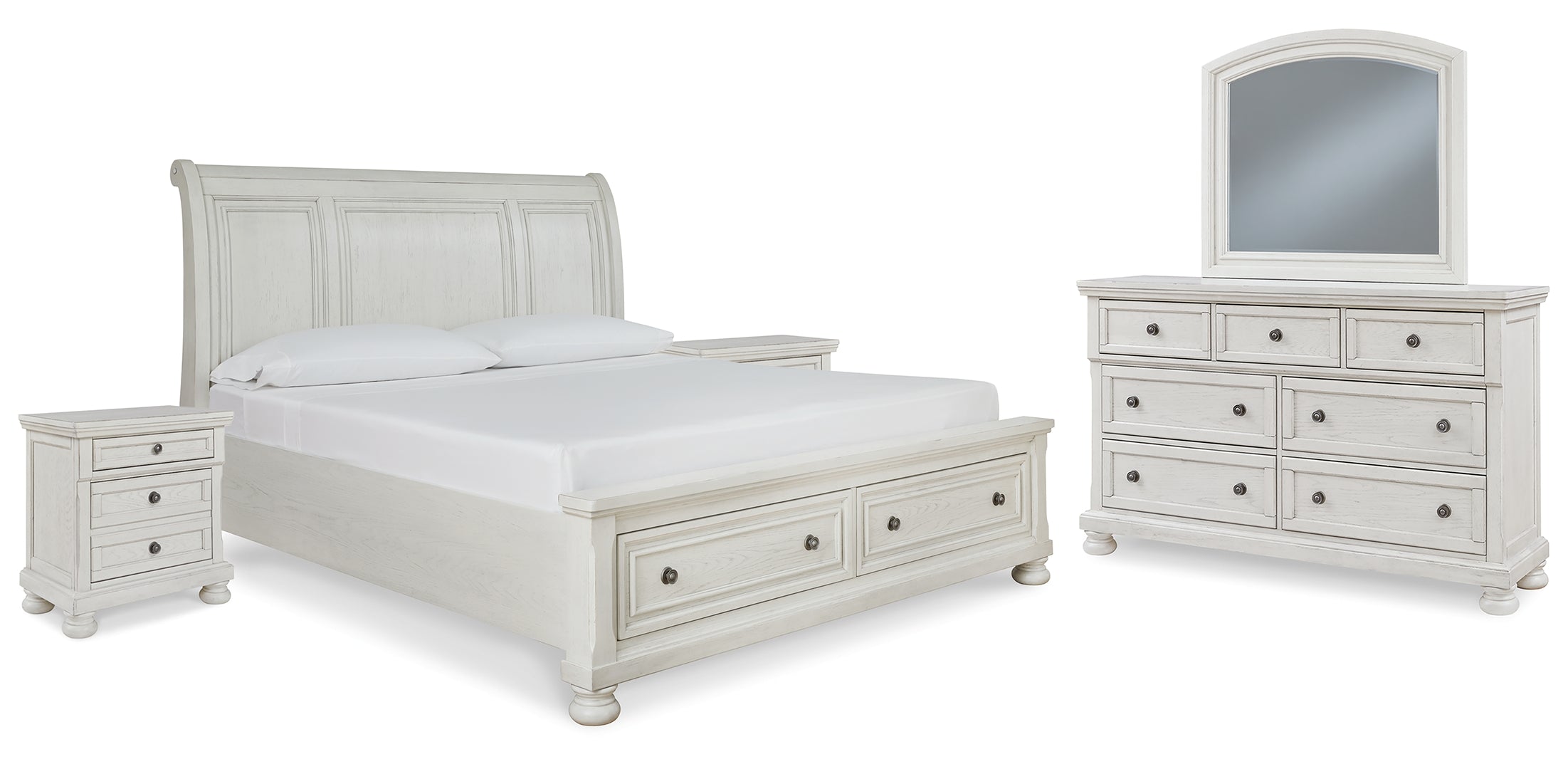 Robbinsdale California King Sleigh Bed with Storage with Mirrored Dresser and 2 Nightstands