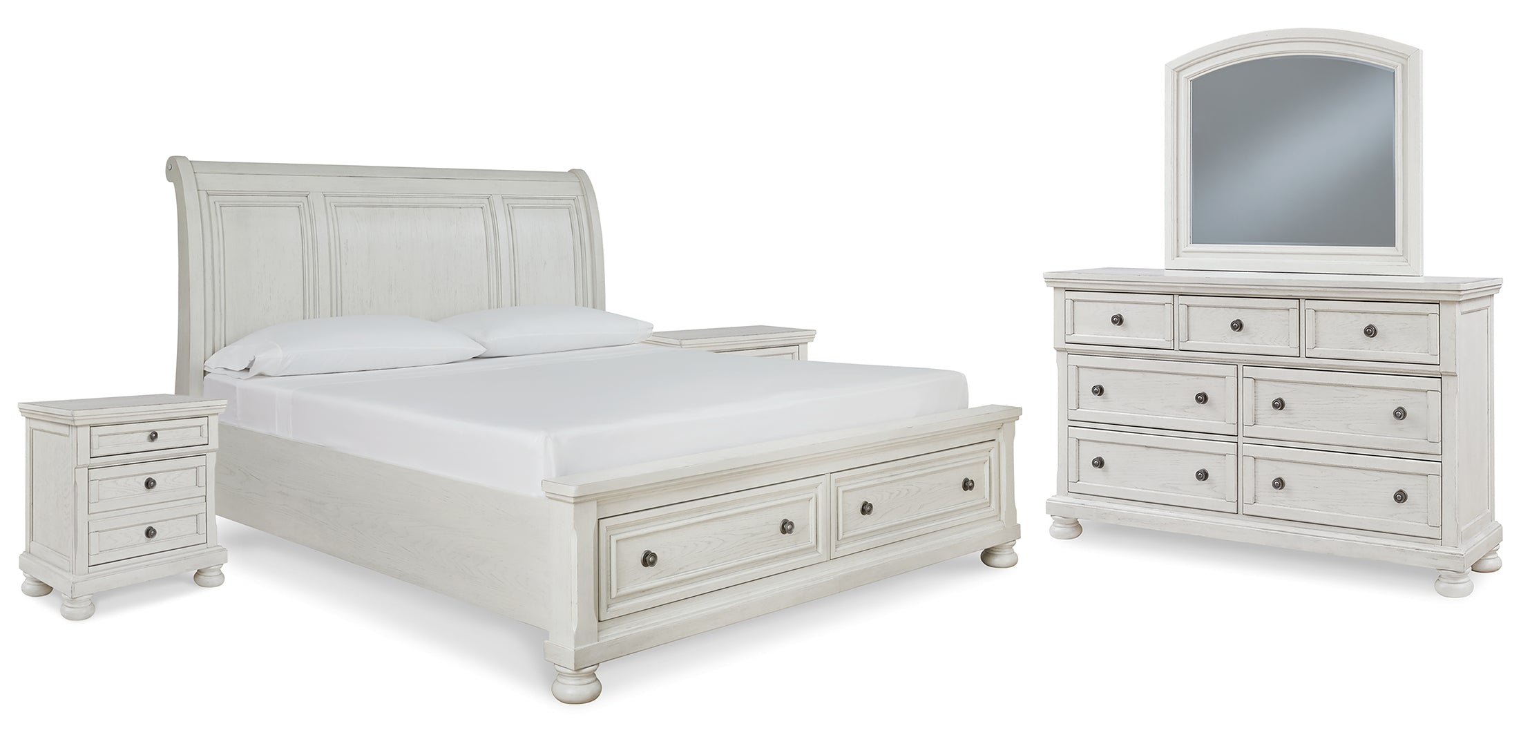 Robbinsdale King Sleigh Bed with Storage with Mirrored Dresser and 2 Nightstands