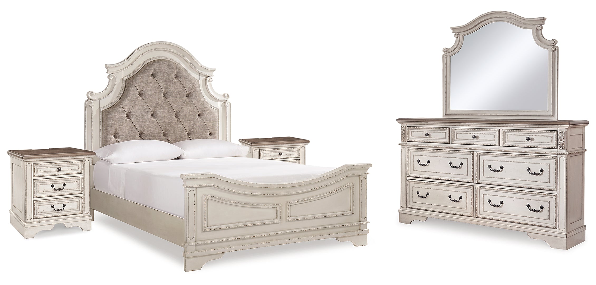 Realyn Queen Upholstered Panel Bed with Mirrored Dresser and 2 Nightstands